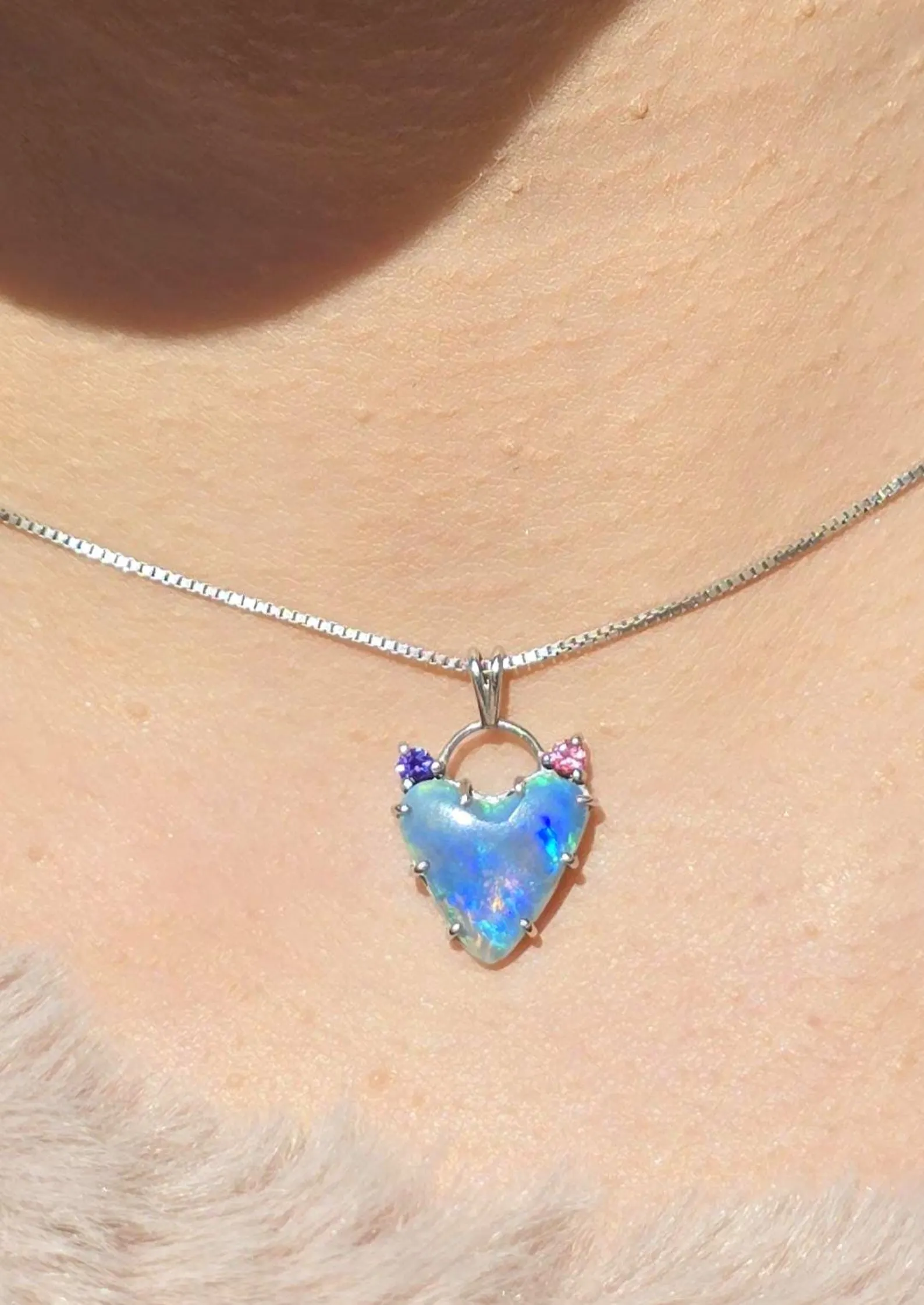 Natural Australian Opal Heart Necklace, Sapphire 925 Silver Blue Opal Pendant thumbnail 12