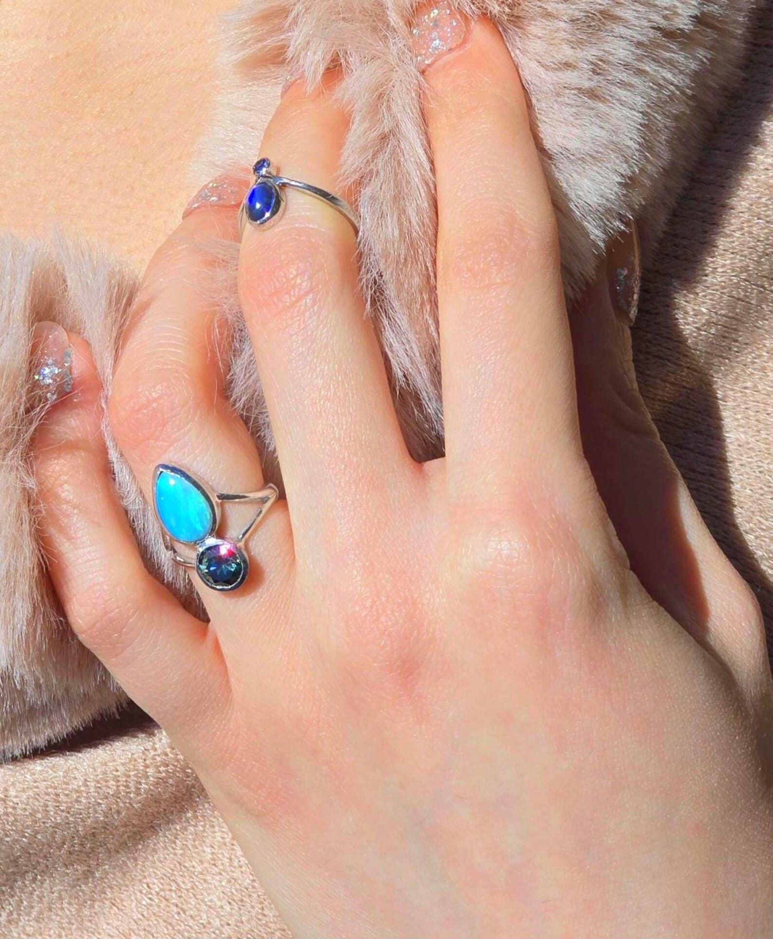 Natural Australian Opal Ring 925 Silver, Green Moissanite thumbnail 16