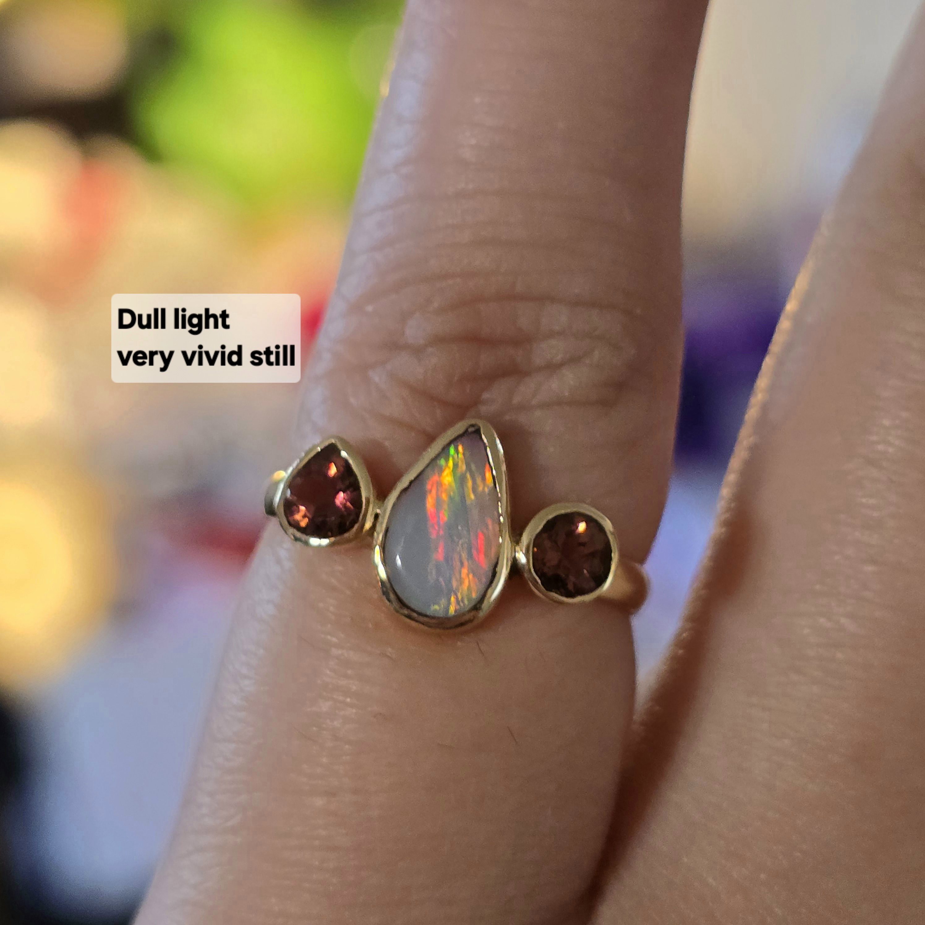 AuroraOpal - Solid 10k Gold Natural Australian Opal Ring, Pink Tourmaline, Size 6.75   thumbnail 9