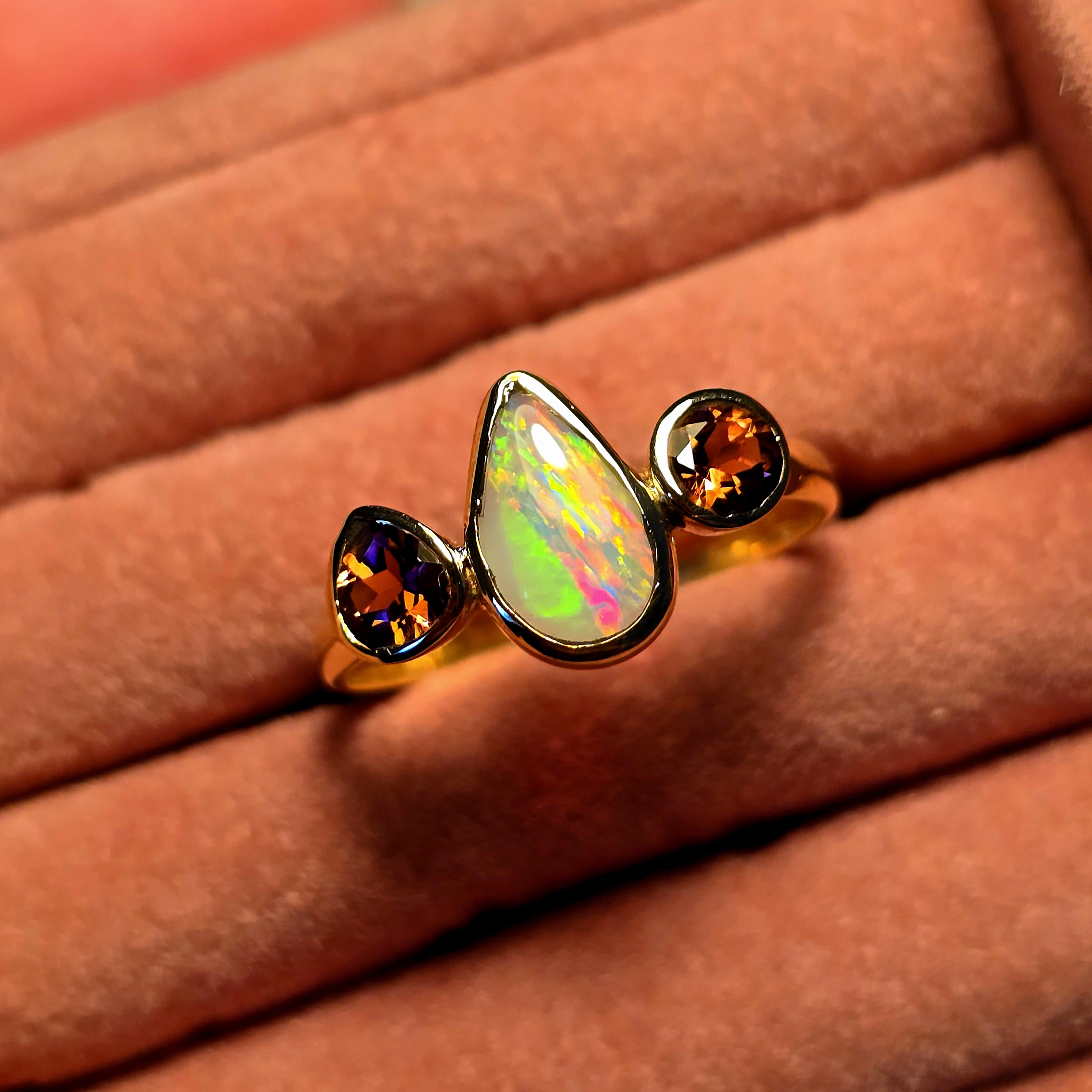 AuroraOpal - Solid 10k Gold Natural Australian Opal Ring, Pink Tourmaline, Size 6.75   thumbnail 12
