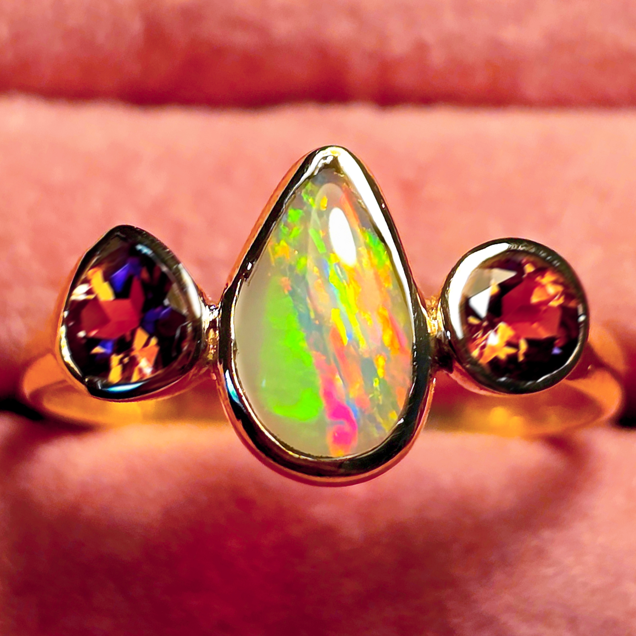 AuroraOpal - Solid 10k Gold Natural Australian Opal Ring, Pink Tourmaline, Size 6.75  