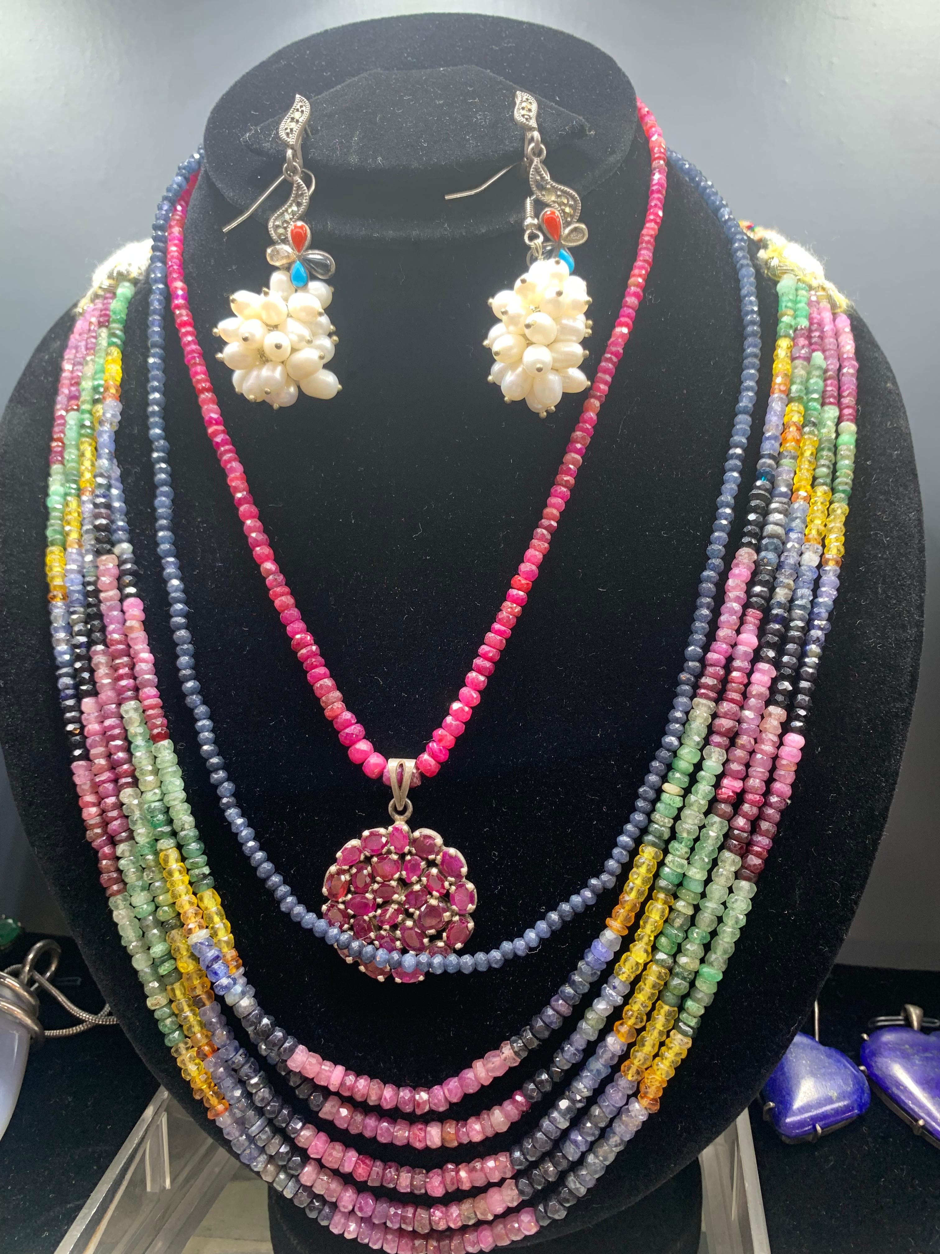 RAINBOW BEADED - Natural Ruby ,Emerald, & Sapphire strand necklace thumbnail 6