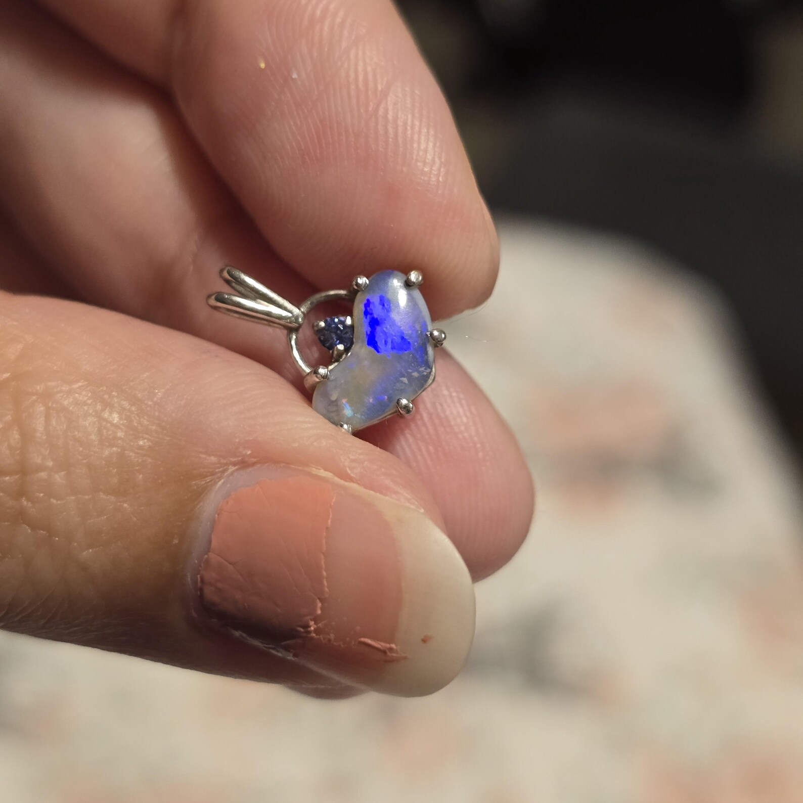 Blue baby - Natural Australian Opal Heart Necklace, Natural Sapphire, 925 Silver  thumbnail 10
