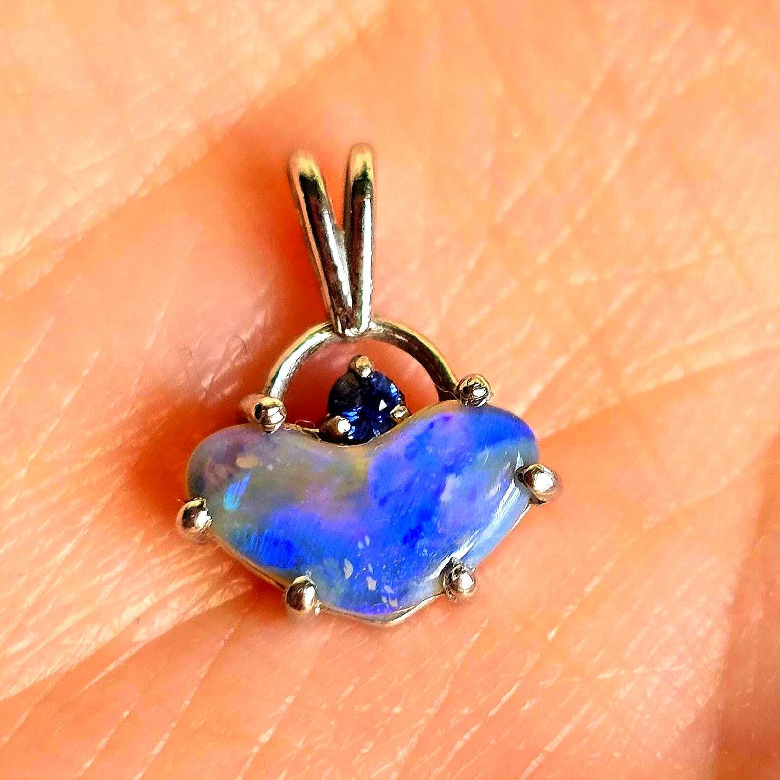 Blue baby - Natural Australian Opal Heart Necklace, Natural Sapphire, 925 Silver  thumbnail 7