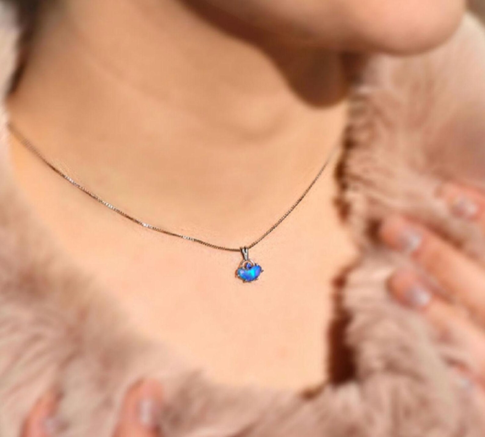 Blue baby - Natural Australian Opal Heart Necklace, Natural Sapphire, 925 Silver  thumbnail 5