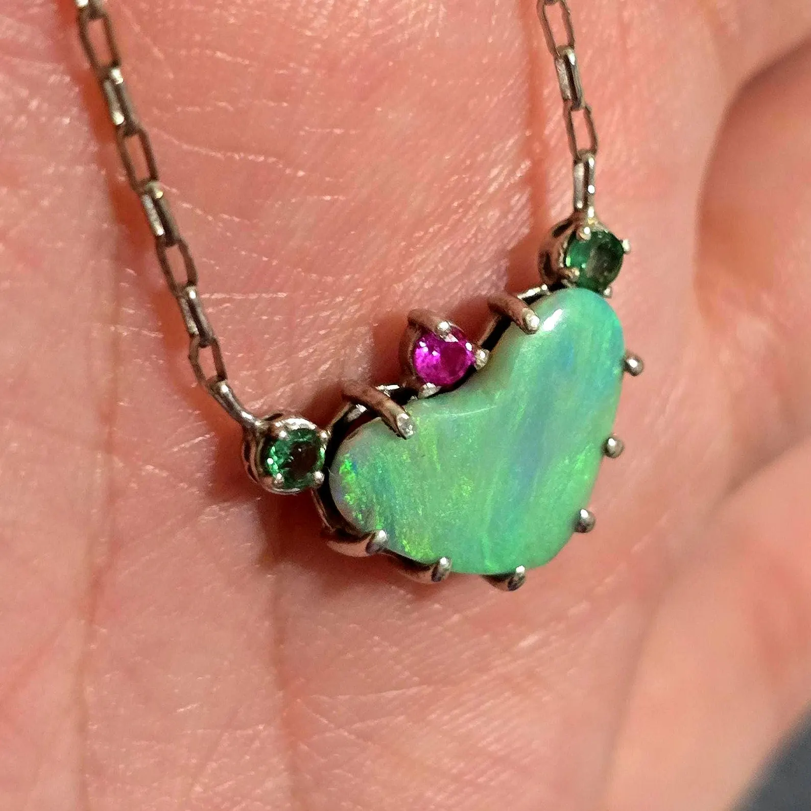 Natural Australian Opal Heart Necklace, Emerald Tourmaline 925 Silver, Opal Pendant, Genuine Opal Jewelry, October Birthstone Women Art Deco thumbnail 9