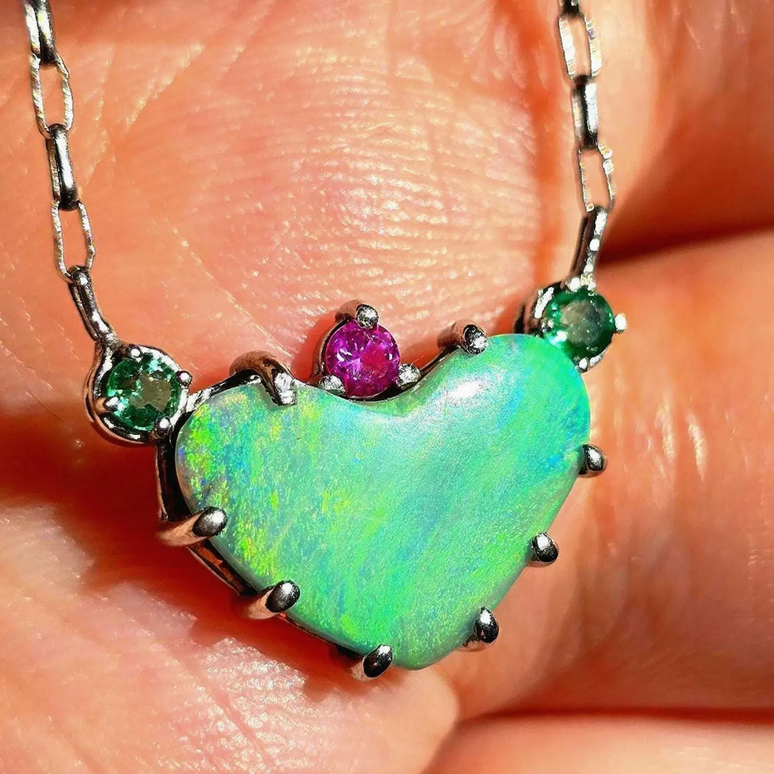 Natural Australian Opal Heart Necklace, Emerald Tourmaline 925 Silver, Opal Pendant, Genuine Opal Jewelry, October Birthstone Women Art Deco thumbnail 10