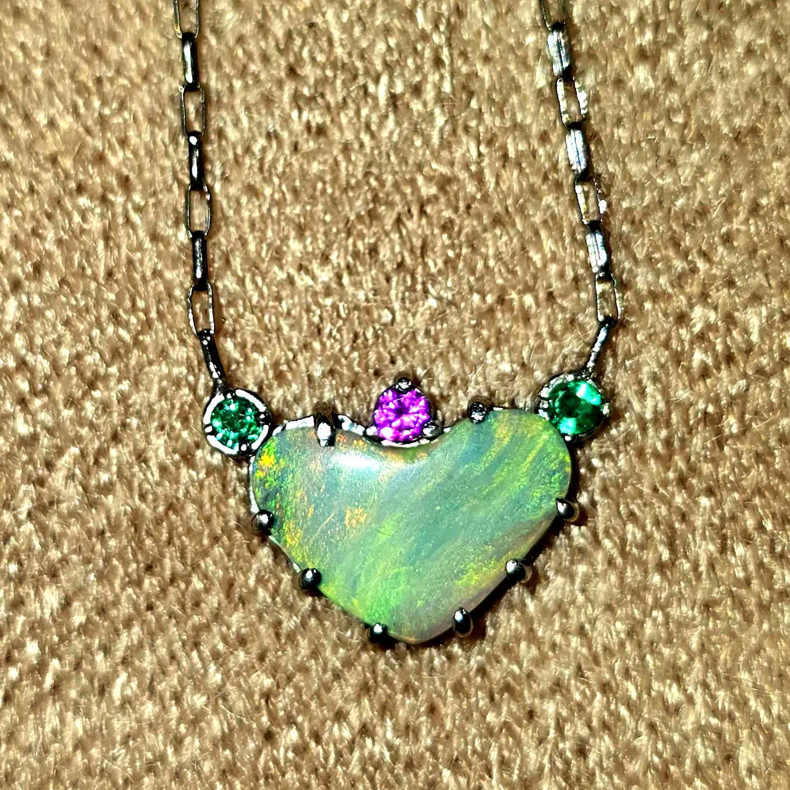 Natural Australian Opal Heart Necklace, Emerald Tourmaline 925 Silver, Opal Pendant, Genuine Opal Jewelry, October Birthstone Women Art Deco thumbnail 11
