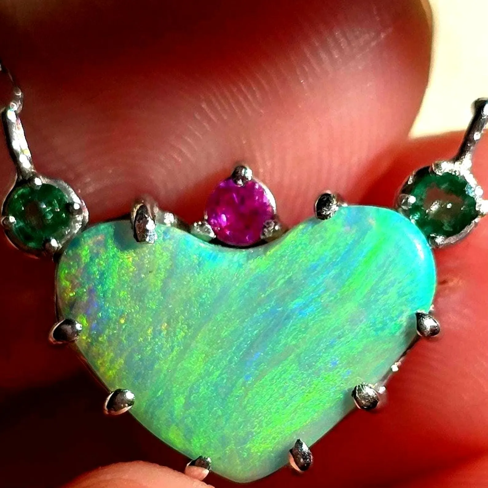 Natural Australian Opal Heart Necklace, Emerald Tourmaline 925 Silver, Opal Pendant, Genuine Opal Jewelry, October Birthstone Women Art Deco thumbnail 13