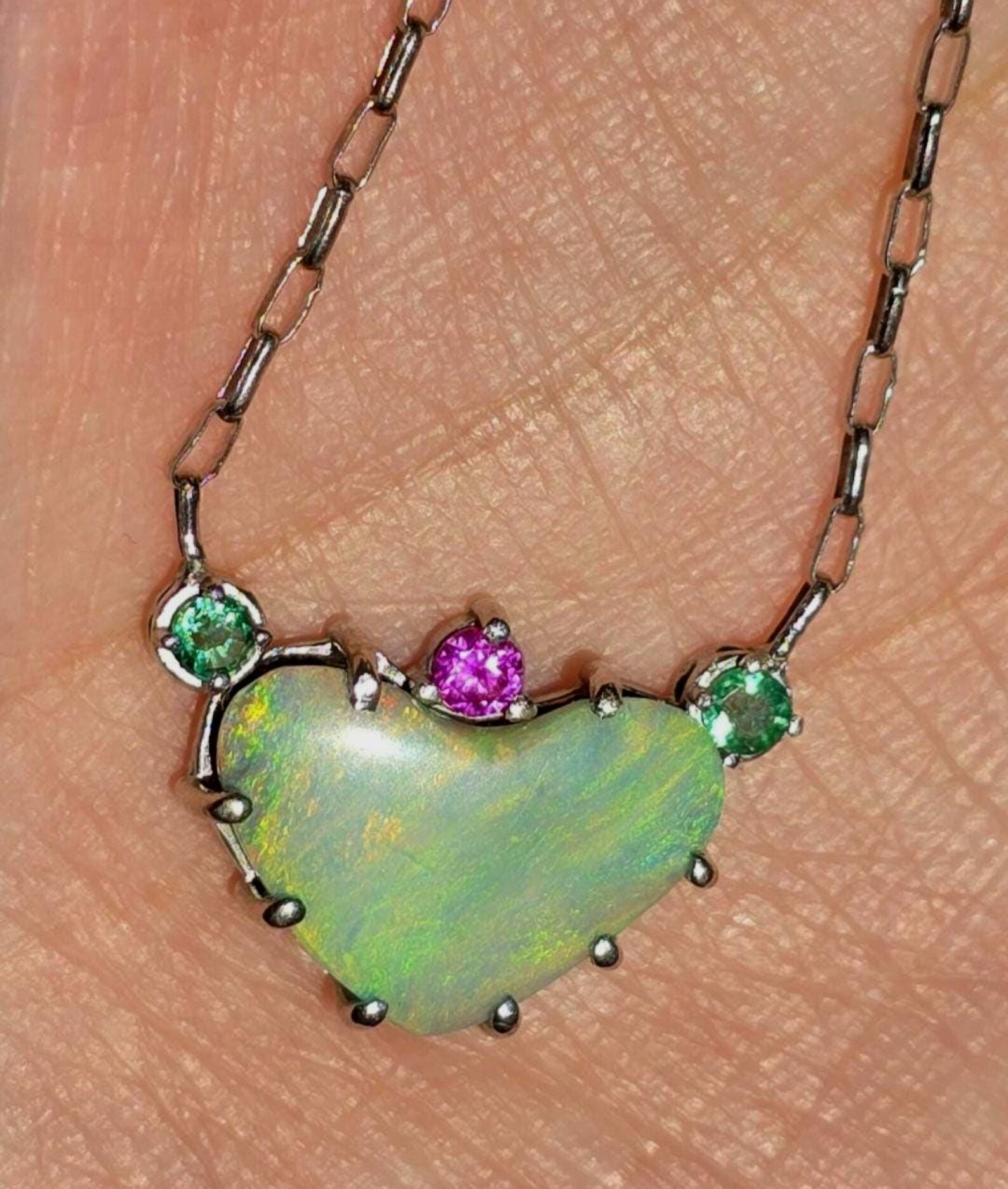 Natural Australian Opal Heart Necklace, Emerald Tourmaline 925 Silver, Opal Pendant, Genuine Opal Jewelry, October Birthstone Women Art Deco thumbnail 16