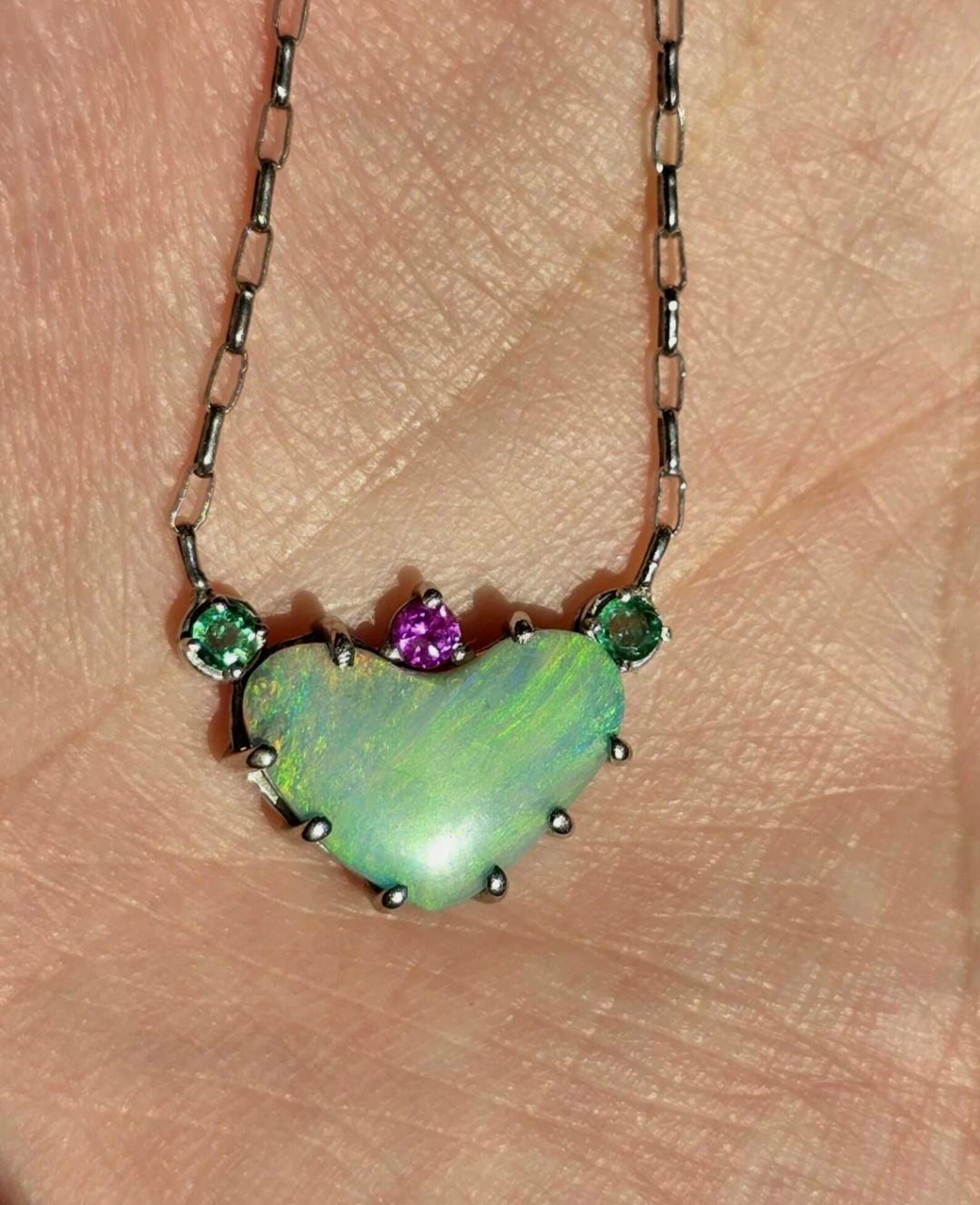 Natural Australian Opal Heart Necklace, Emerald Tourmaline 925 Silver, Opal Pendant, Genuine Opal Jewelry, October Birthstone Women Art Deco thumbnail 18