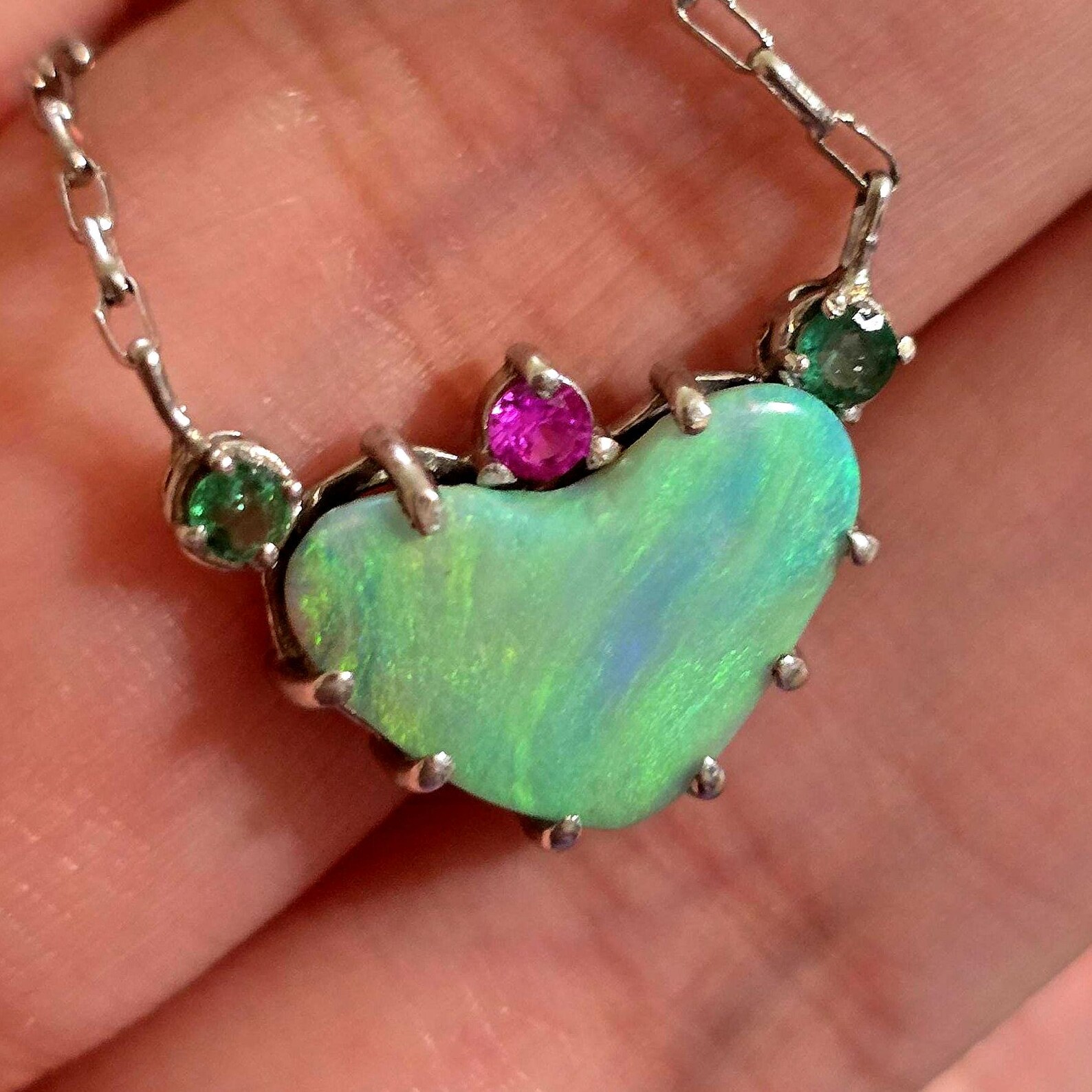 Natural Australian Opal Heart Necklace, Emerald Tourmaline 925 Silver, Opal Pendant, Genuine Opal Jewelry, October Birthstone Women Art Deco thumbnail 19