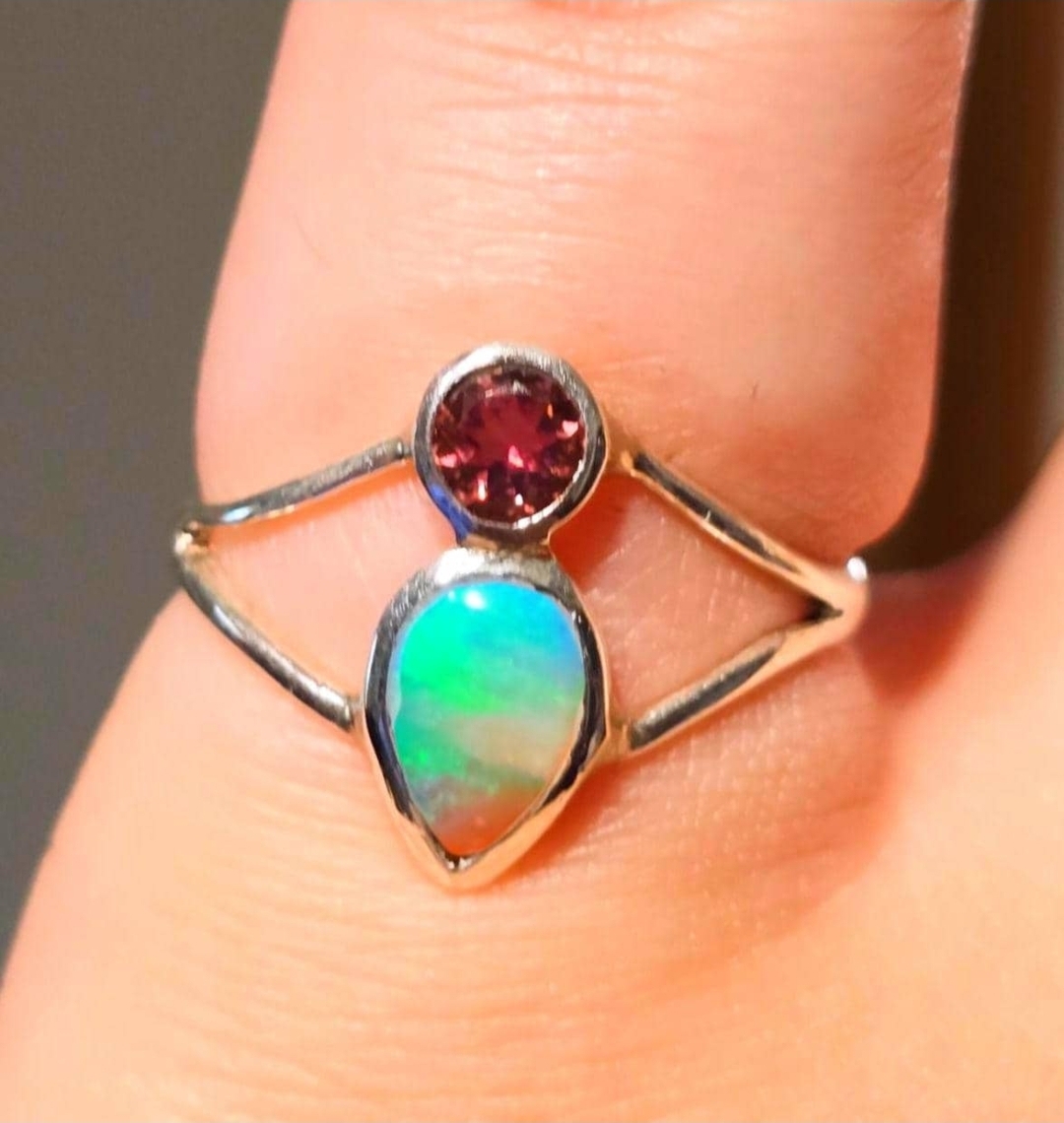 Natural Australian Opal Ring Pink Tourmaline 925 sterling Silver Size 7.5  thumbnail 7