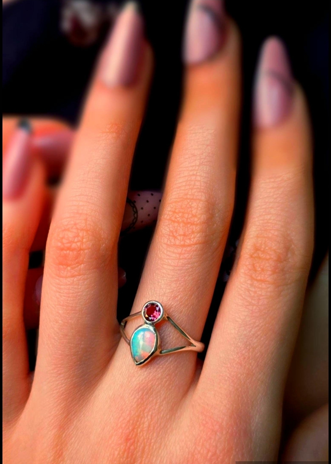 Natural Australian Opal Ring Pink Tourmaline 925 sterling Silver Size 7.5  thumbnail 3