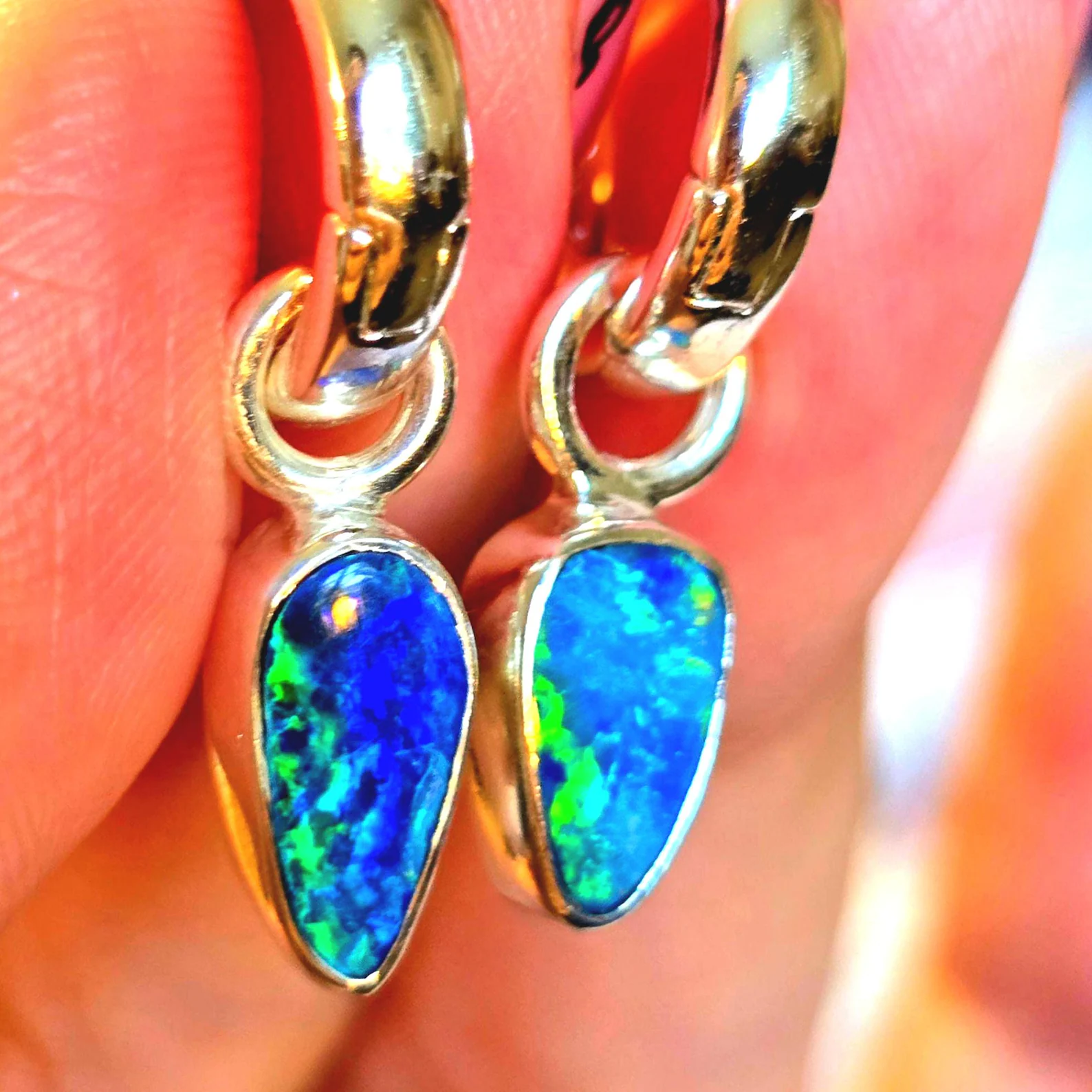 Natural Australian Opal Hoops 925 sterling silver 2