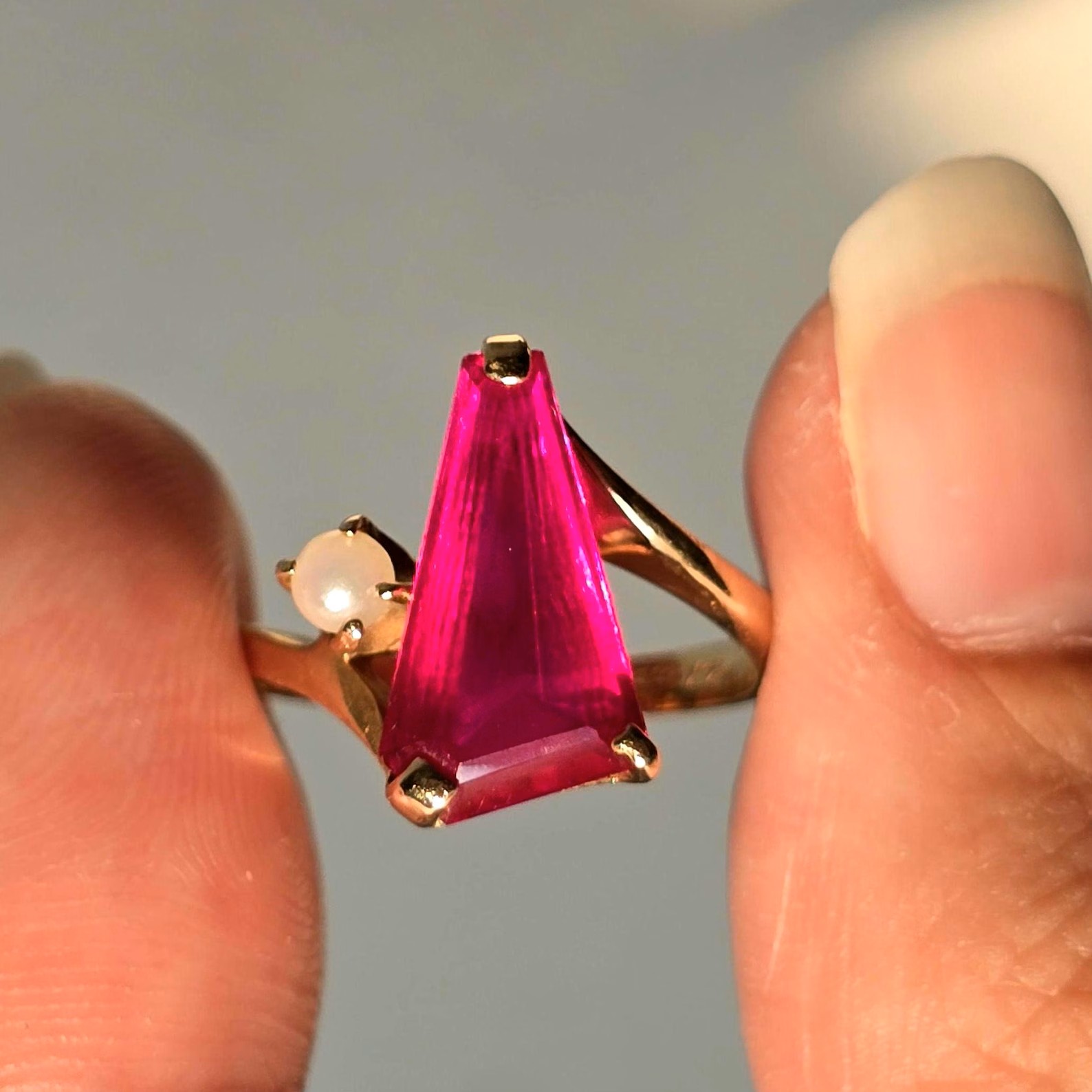 Vintage 14K Yellow Gold Pink Lab Sapphire Pearl Ring, Size 5 Baden & Foss (BF) Mid-Century Cocktail Bypass Ring, Geometric Gemstone Estate