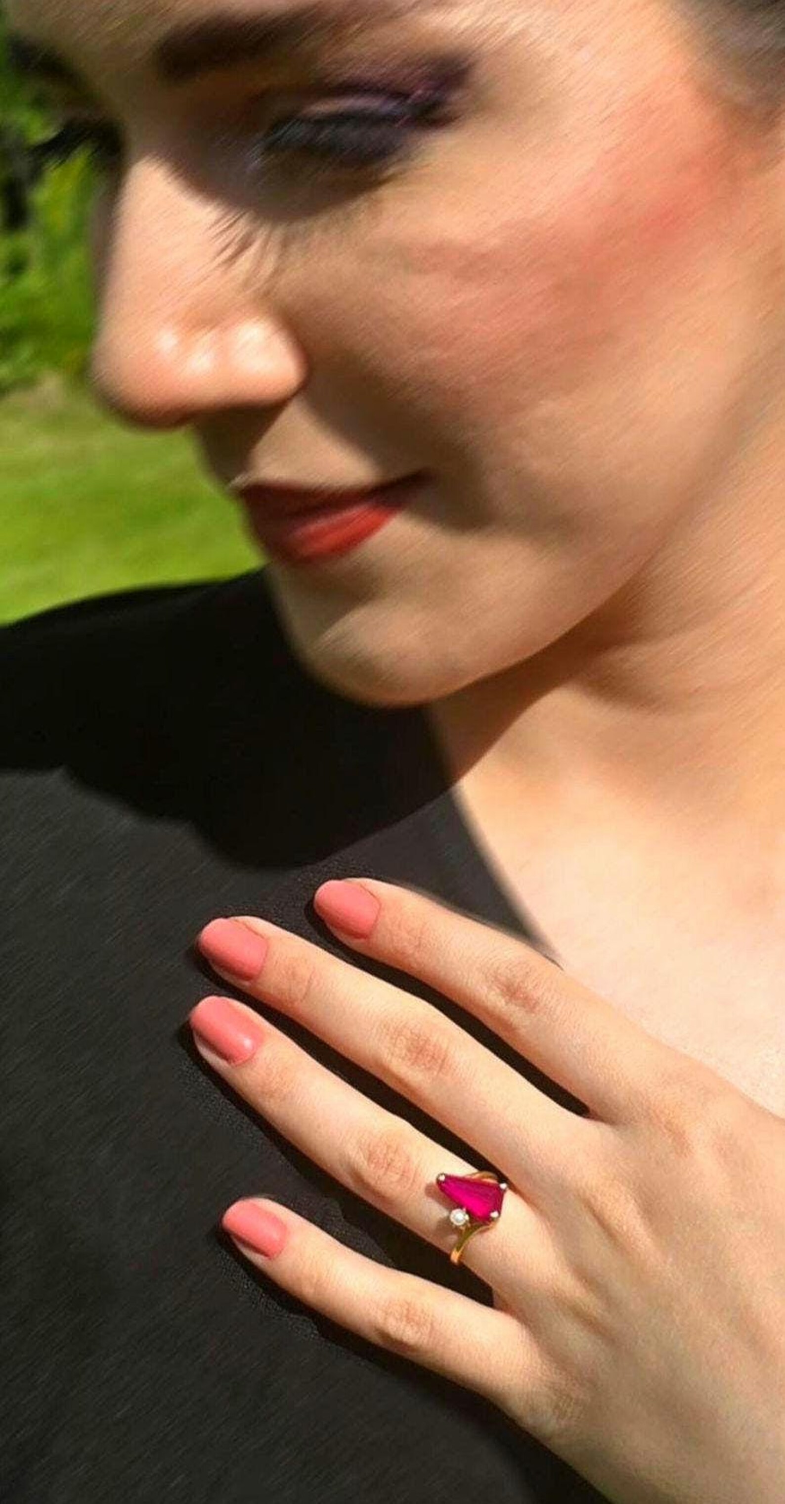 Vintage 14K Yellow Gold Pink Lab Sapphire Pearl Ring, Size 5 Baden & Foss (BF) Mid-Century Cocktail Bypass Ring, Geometric Gemstone Estate thumbnail 5