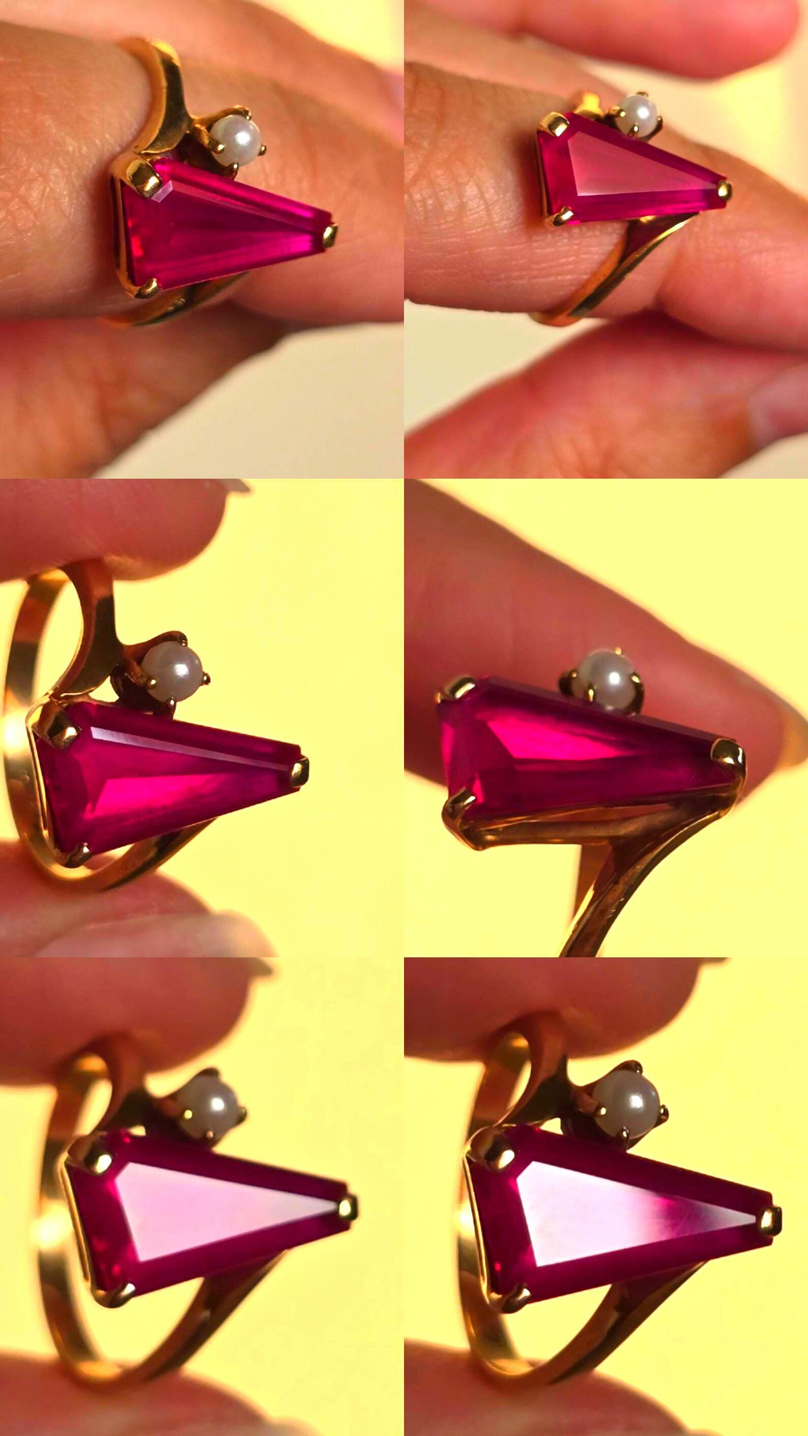 Vintage 14K Yellow Gold Pink Lab Sapphire Pearl Ring, Size 5 Baden & Foss (BF) Mid-Century Cocktail Bypass Ring, Geometric Gemstone Estate thumbnail 6