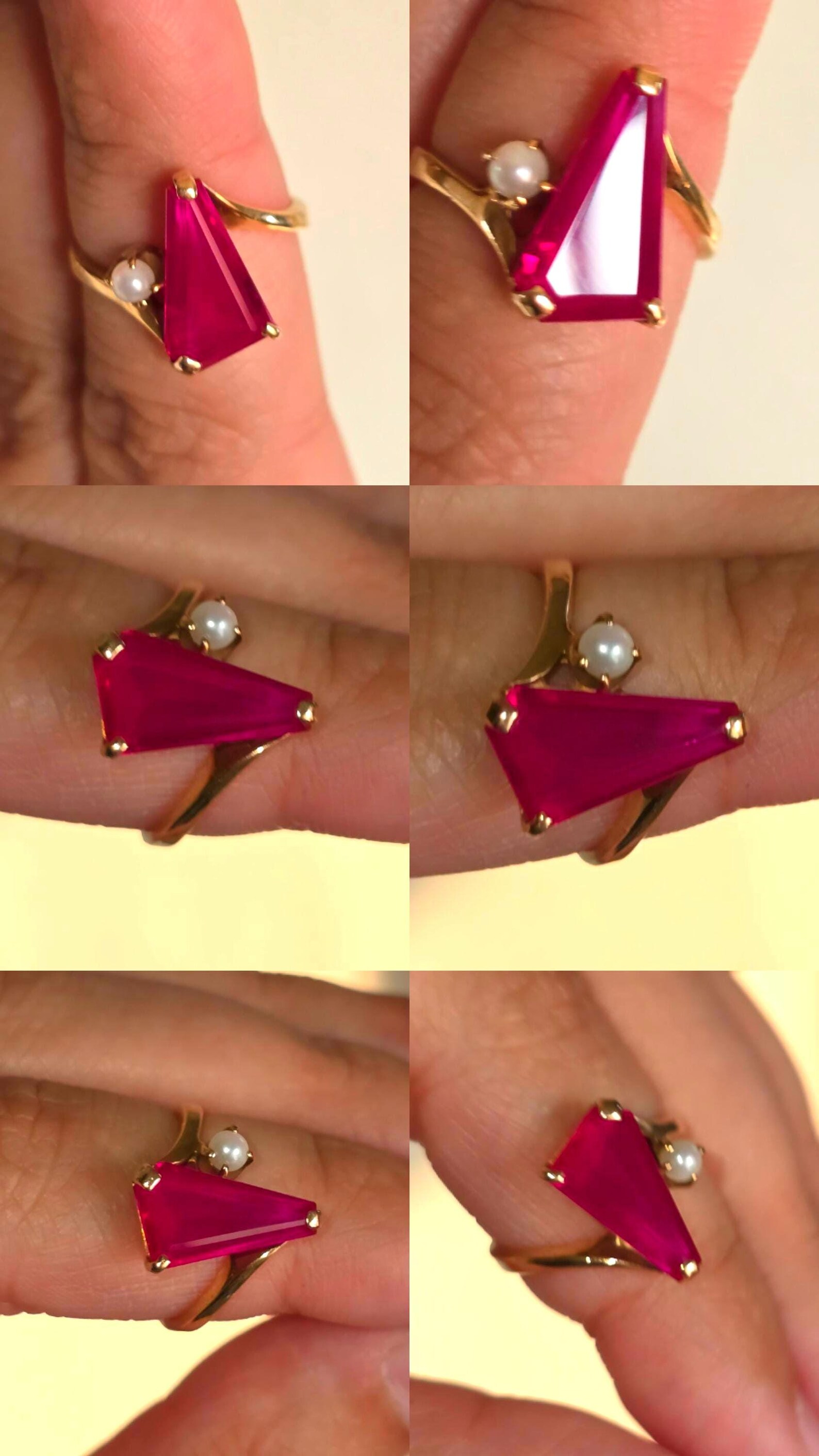 Vintage 14K Yellow Gold Pink Lab Sapphire Pearl Ring, Size 5 Baden & Foss (BF) Mid-Century Cocktail Bypass Ring, Geometric Gemstone Estate thumbnail 8