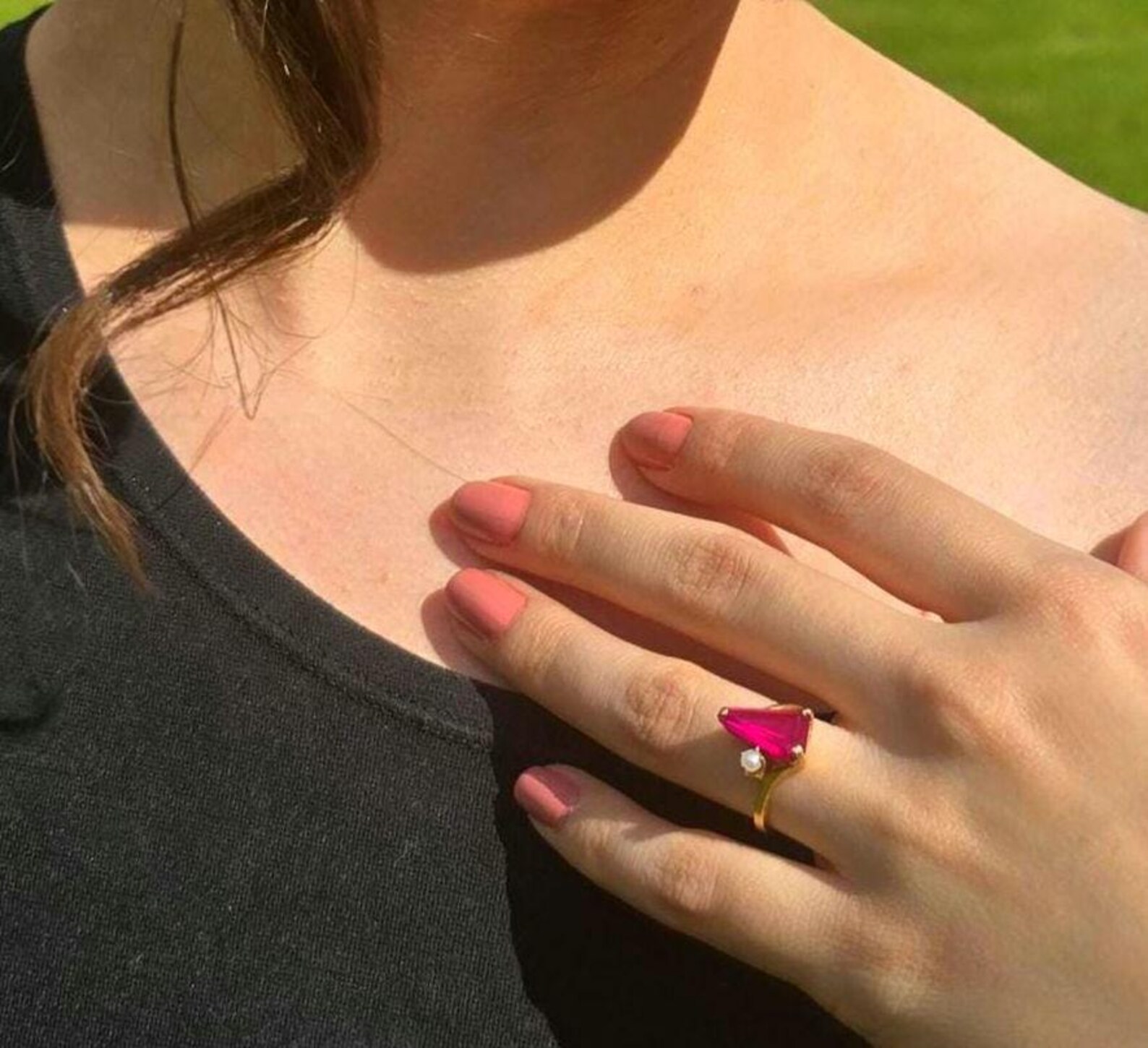 Vintage 14K Yellow Gold Pink Lab Sapphire Pearl Ring, Size 5 Baden & Foss (BF) Mid-Century Cocktail Bypass Ring, Geometric Gemstone Estate thumbnail 9