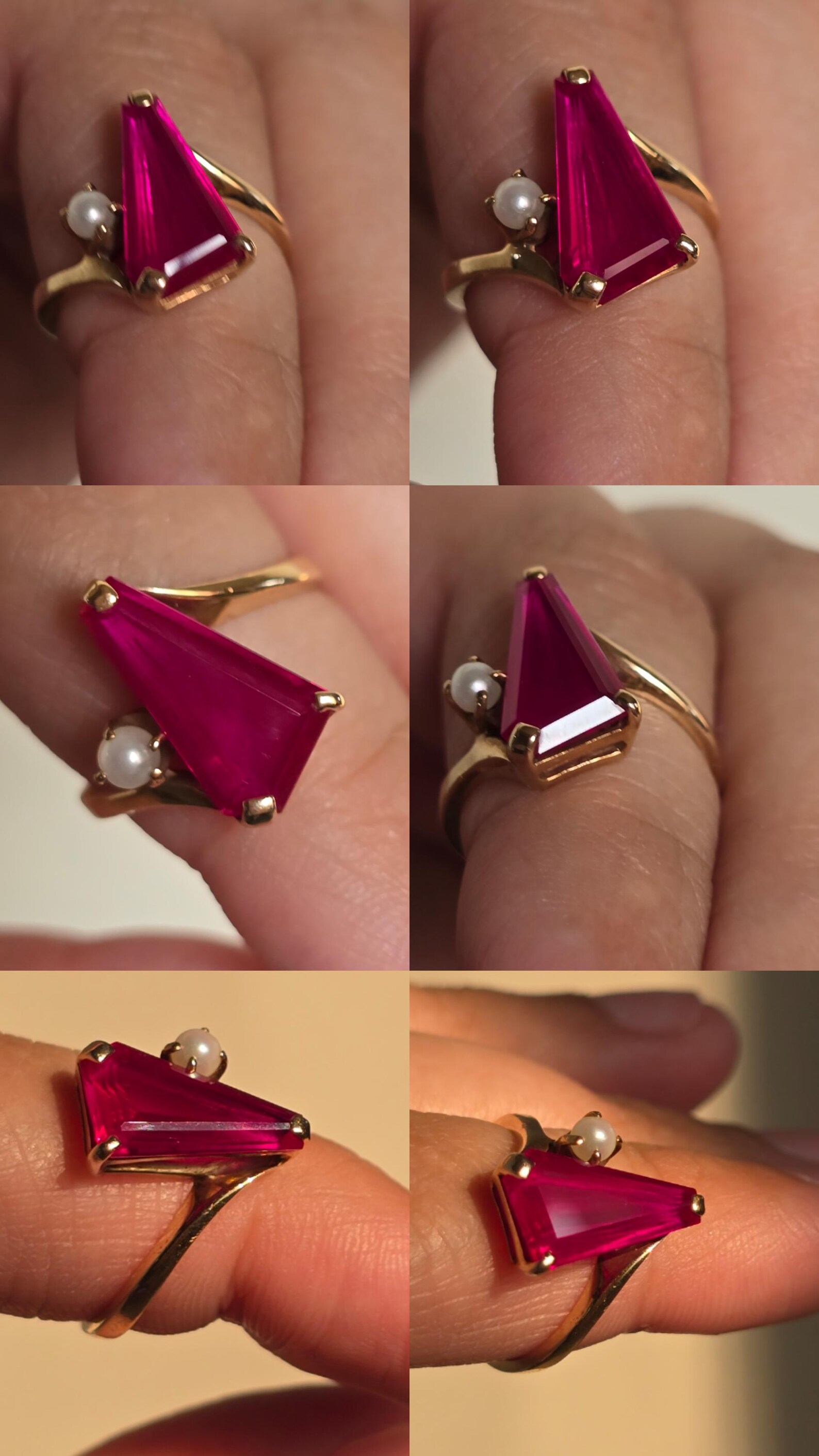 Vintage 14K Yellow Gold Pink Lab Sapphire Pearl Ring, Size 5 Baden & Foss (BF) Mid-Century Cocktail Bypass Ring, Geometric Gemstone Estate thumbnail 10