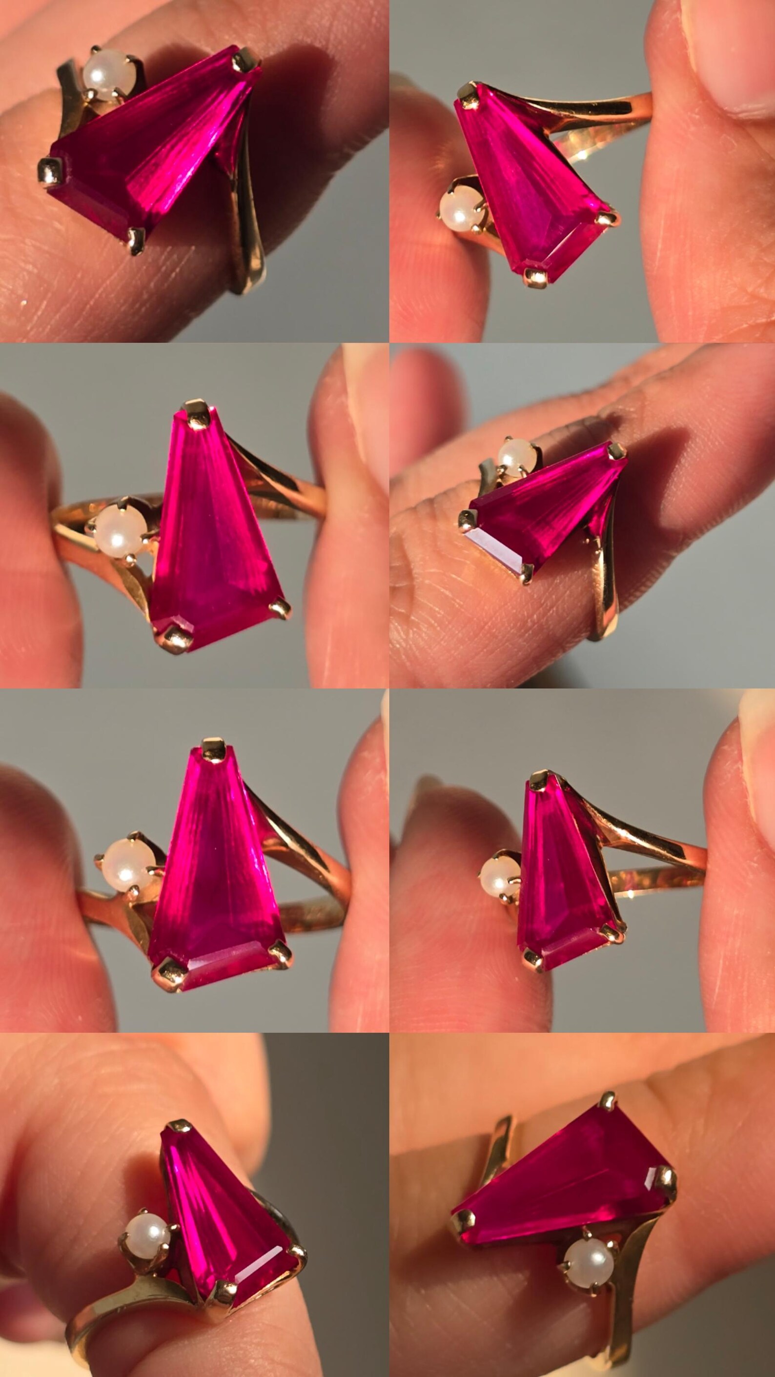 Vintage 14K Yellow Gold Pink Lab Sapphire Pearl Ring, Size 5 Baden & Foss (BF) Mid-Century Cocktail Bypass Ring, Geometric Gemstone Estate thumbnail 4