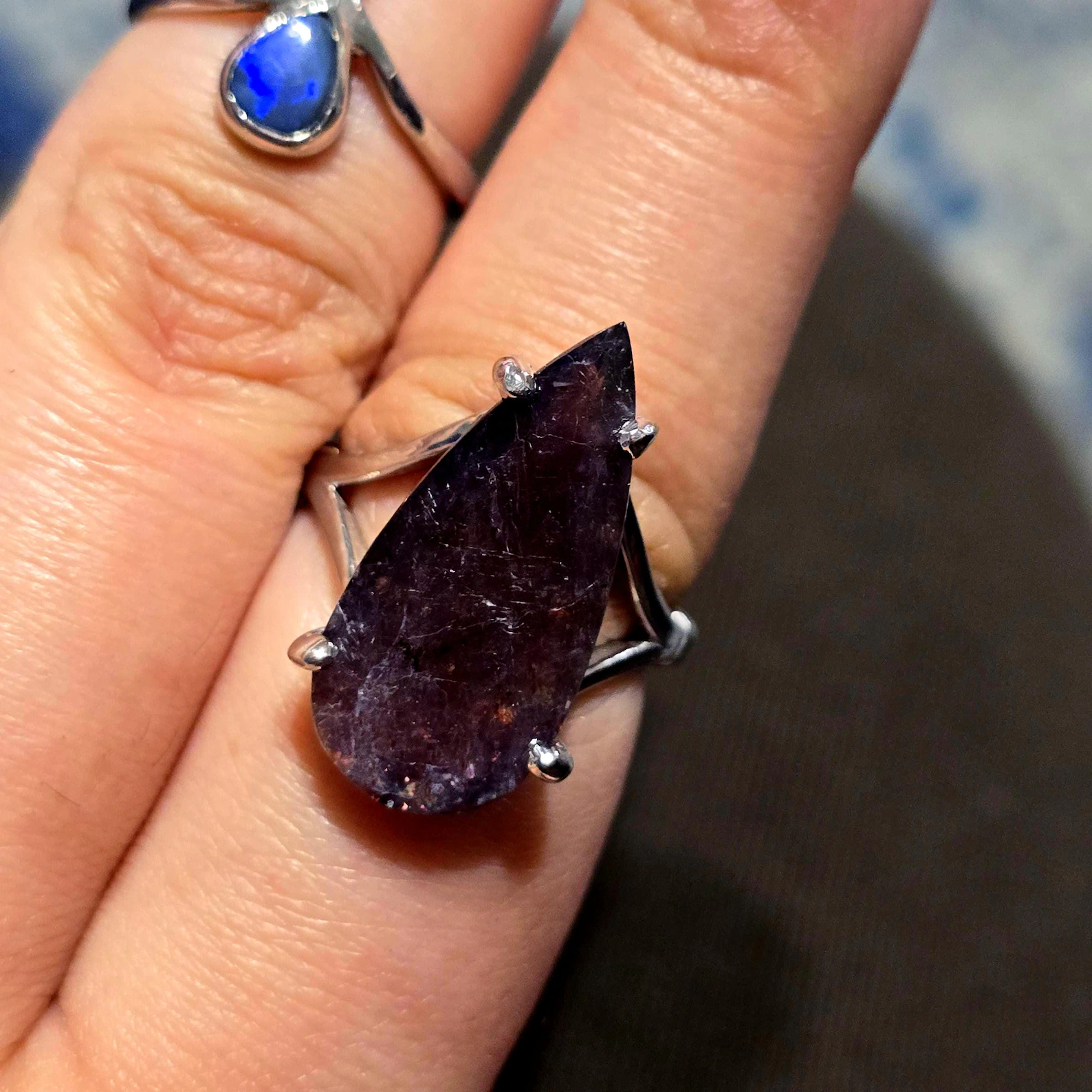 Luxe Iolite Bloodshot Hematite Ring 925 Silver Meteor Shower Natural Statement Rare Multicolor Starry Galaxy Celestial Sunstone Purple Women thumbnail 13