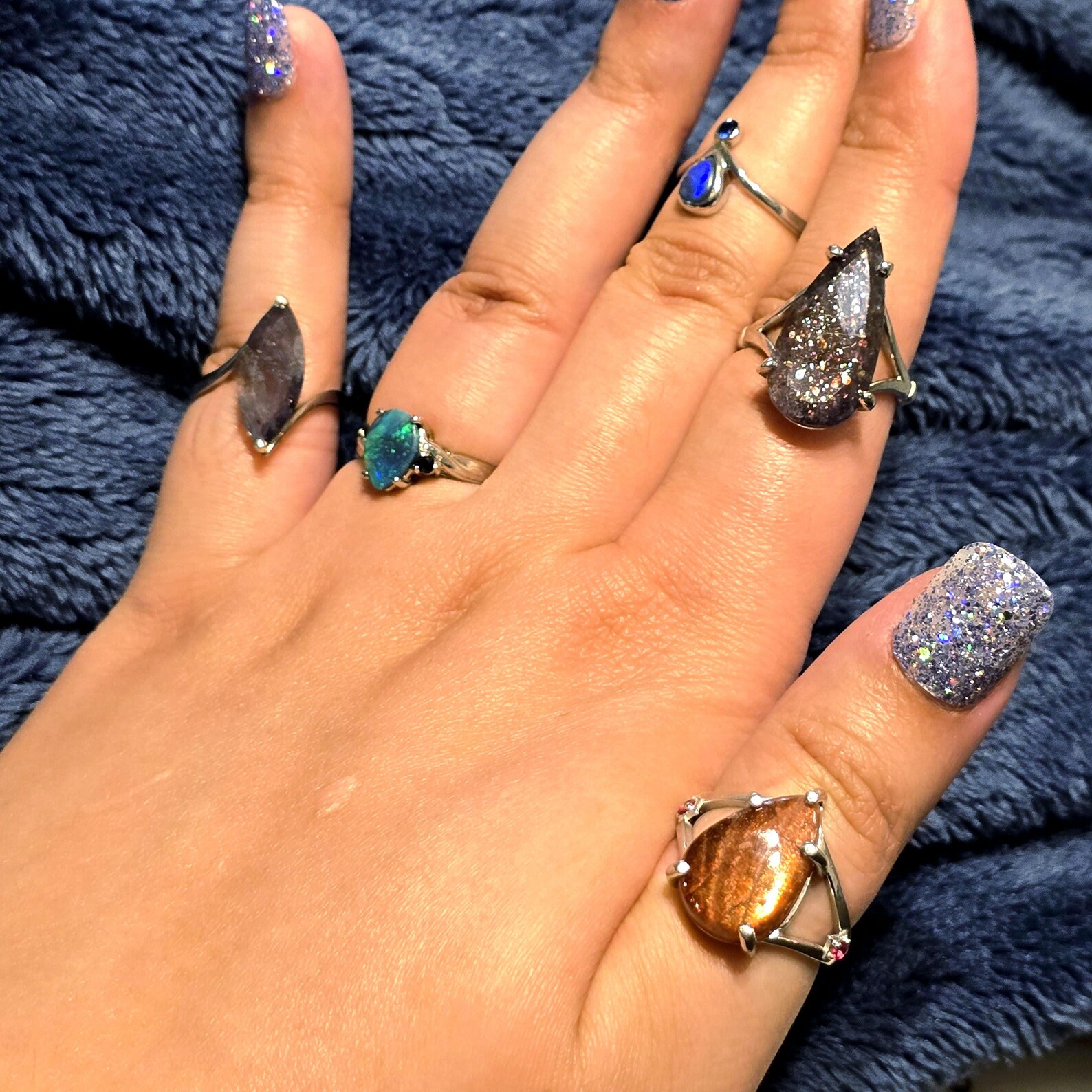 Luxe Iolite Bloodshot Hematite Ring 925 Silver Meteor Shower Natural Statement Rare Multicolor Starry Galaxy Celestial Sunstone Purple Women thumbnail 8