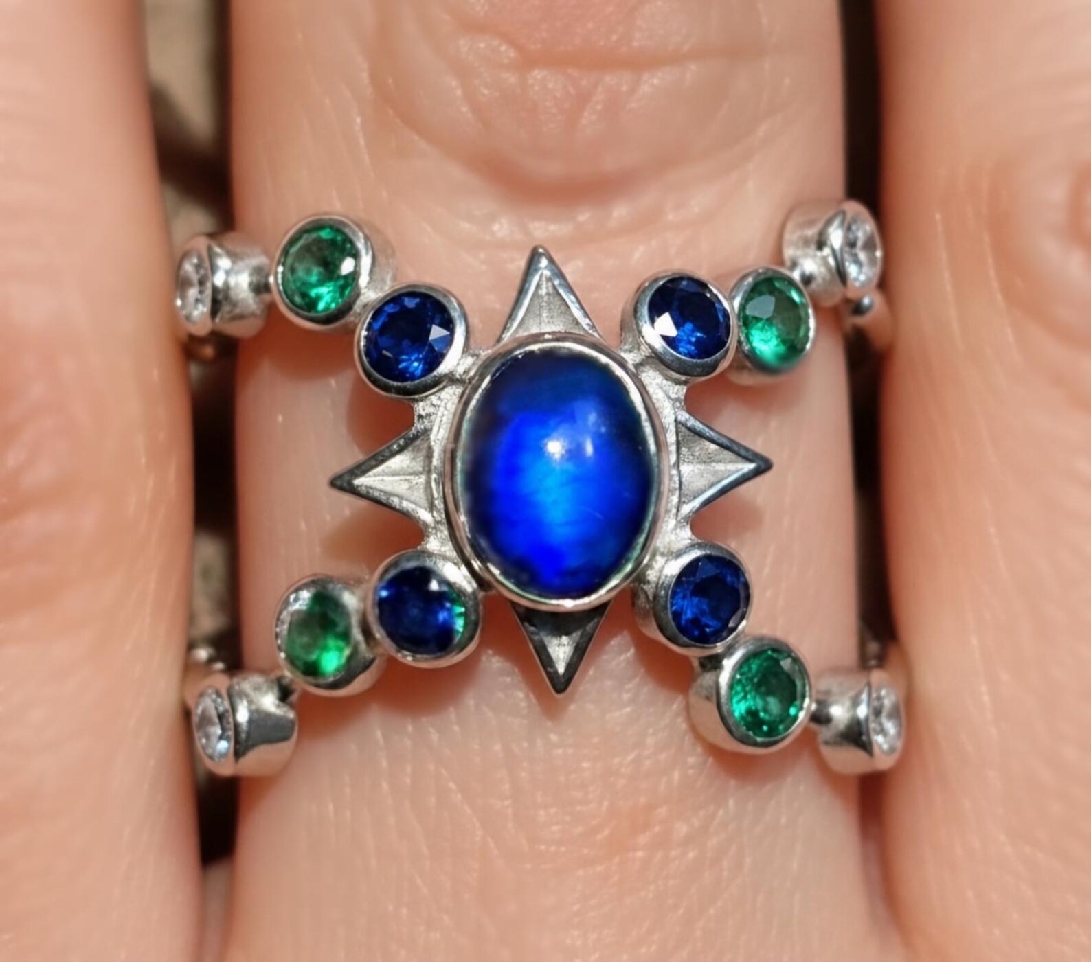 CUSTOM Australian Black Opal Ring, Emerald Sapphire, 