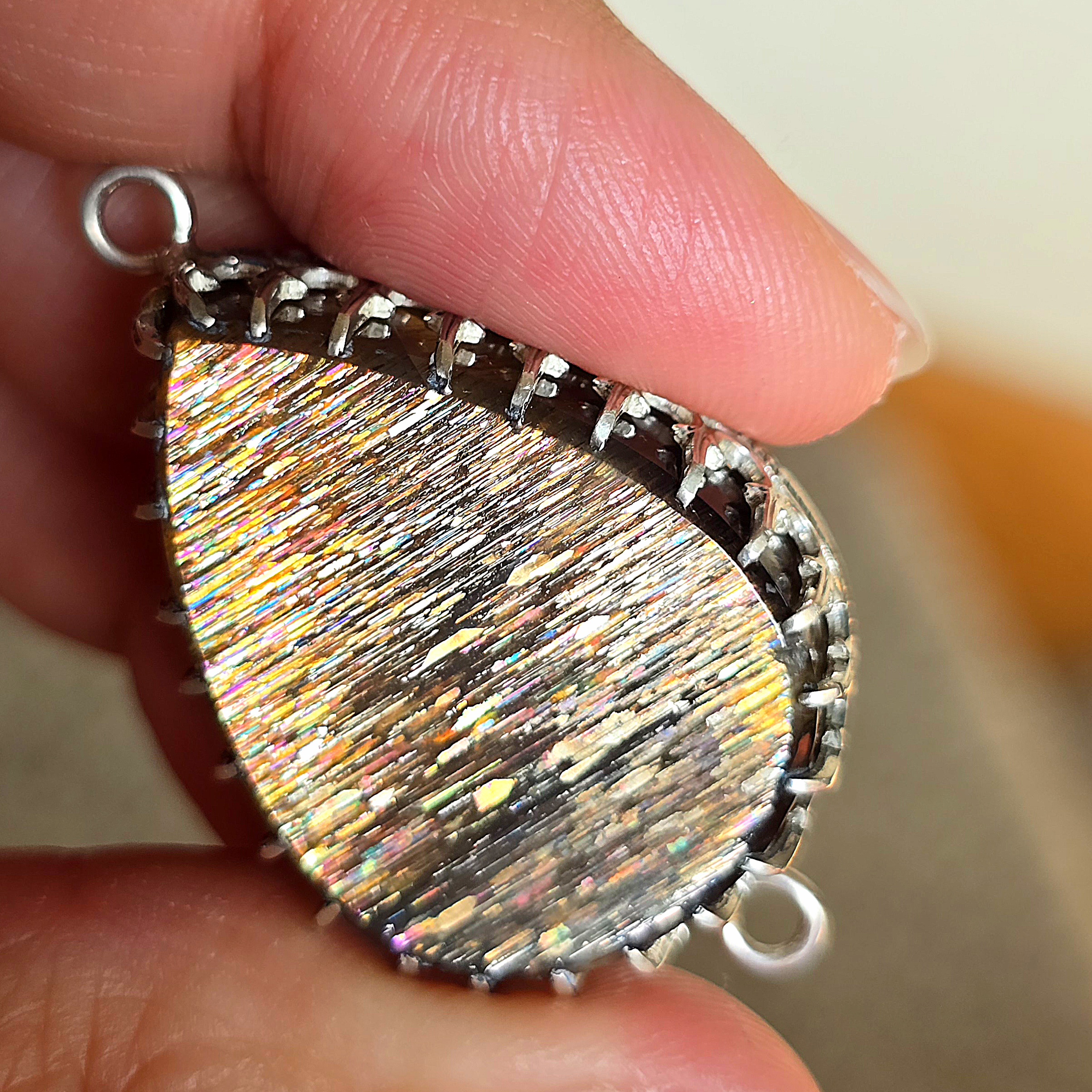 GOLD Rainbow Sunstone Lattice Charm for Bracelet / Pendant 925 Silver  3
