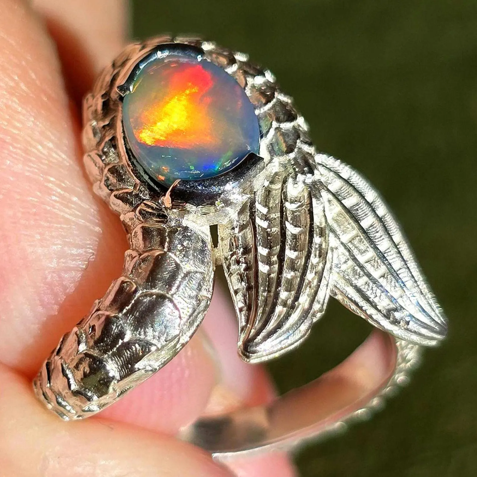 Natural Australian Opal Ring 925 Silver, Mermaid ring Genuine Black Opal Ring Opal Jewelry Unique Women Boho Pinky Midi Stacking ring thumbnail 8