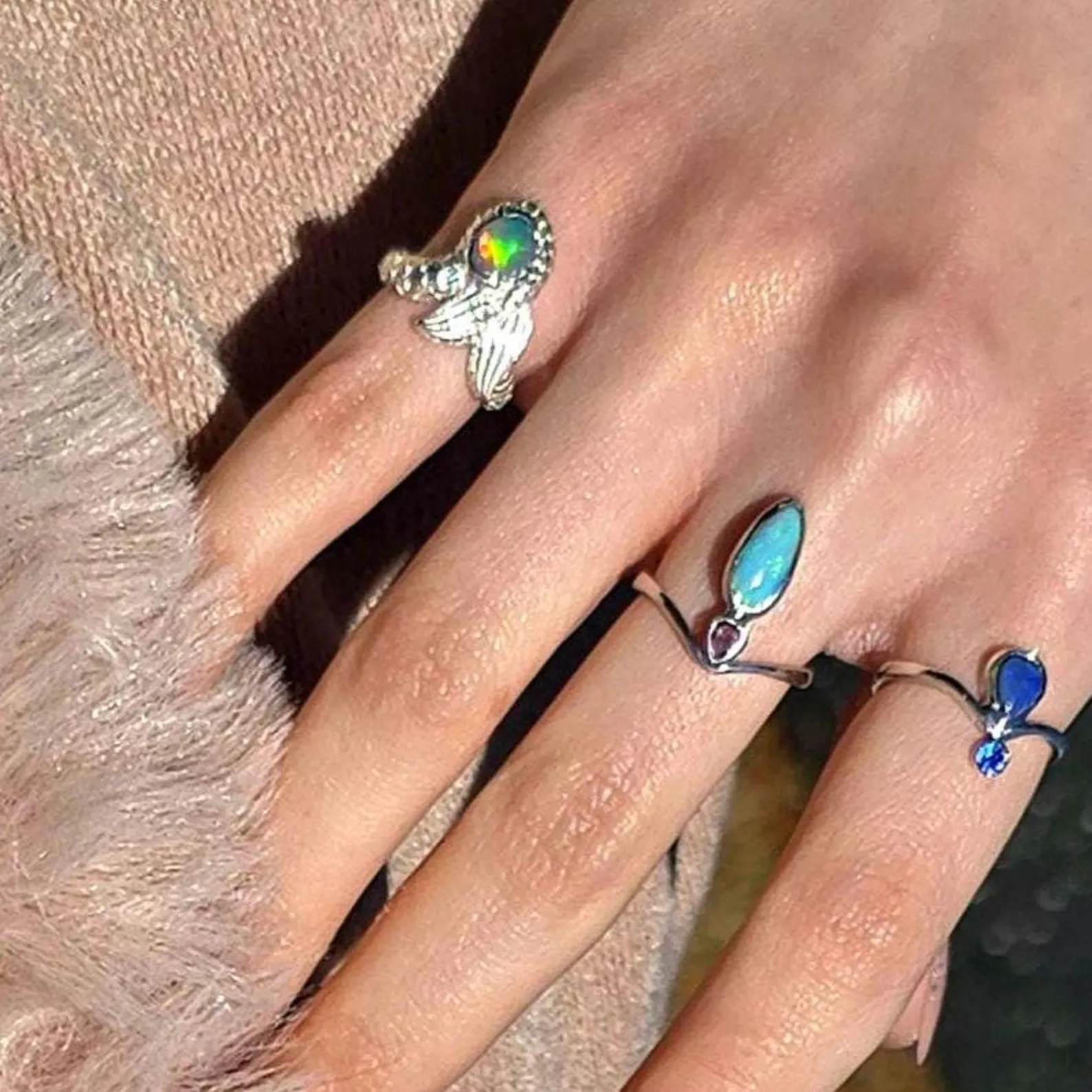 Natural Australian Opal Ring 925 Silver, Mermaid ring Genuine Black Opal Ring Opal Jewelry Unique Women Boho Pinky Midi Stacking ring thumbnail 5