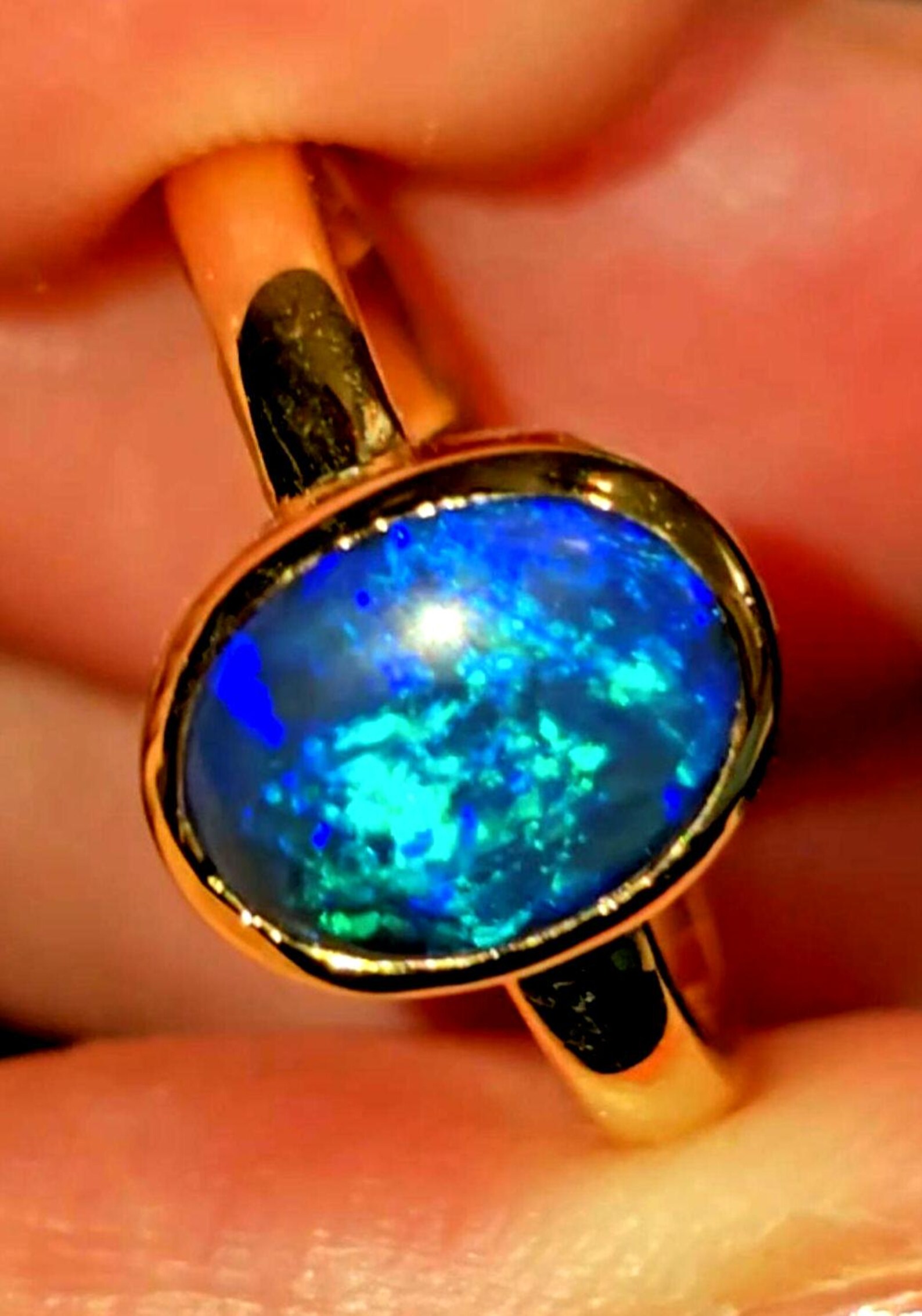 NEON Solid 9k Gold Natural Australian Black Opal Ring,