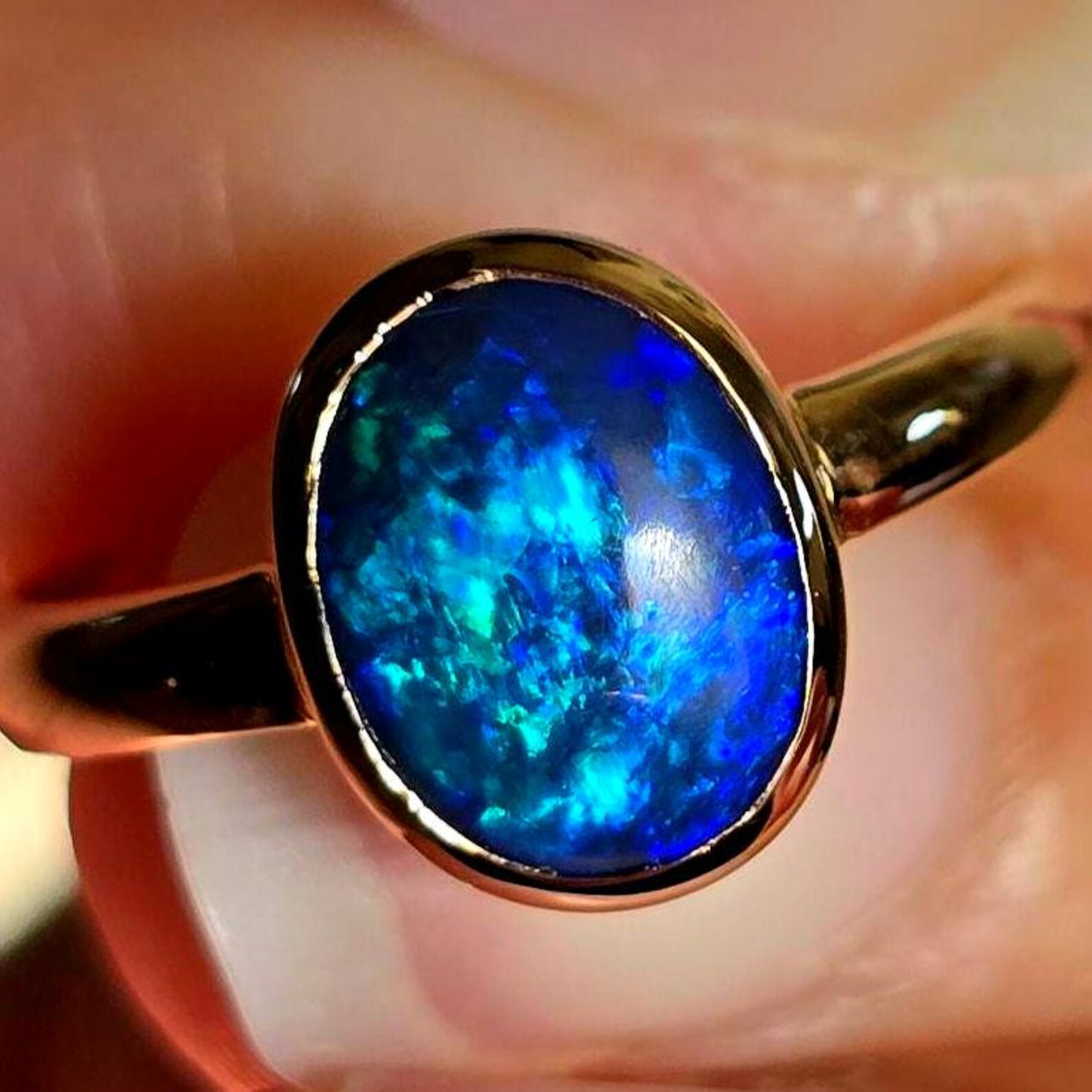 NEON Solid 9k Gold Natural Australian Black Opal Ring,  thumbnail 13