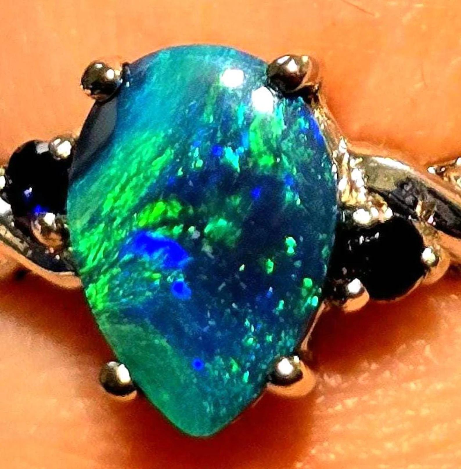 Peacock heirloom - Solid 10k White Gold Natural Australian Opal Ring Size 8.5