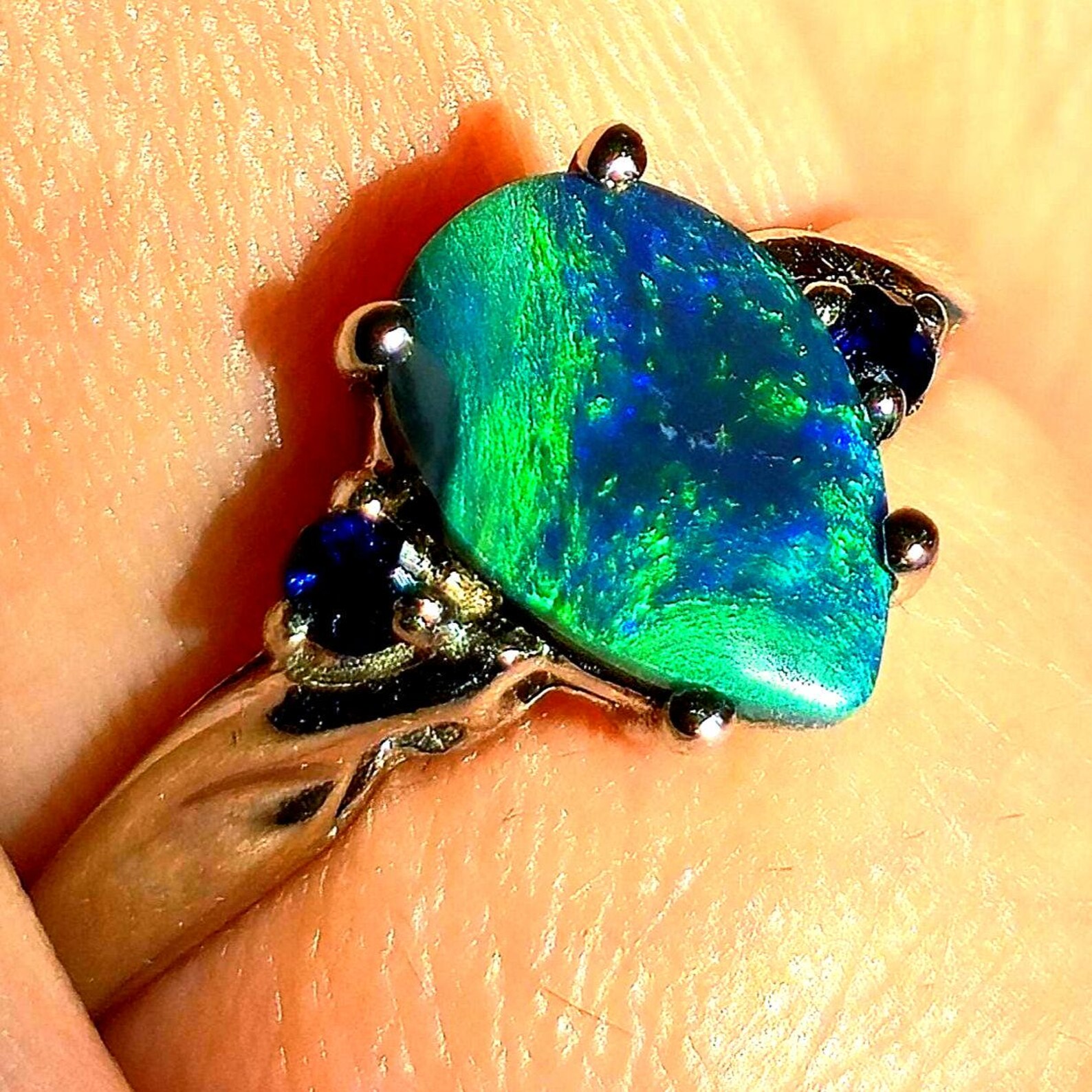 Peacock heirloom - Solid 10k White Gold Natural Australian Opal Ring Size 8.5 thumbnail 11