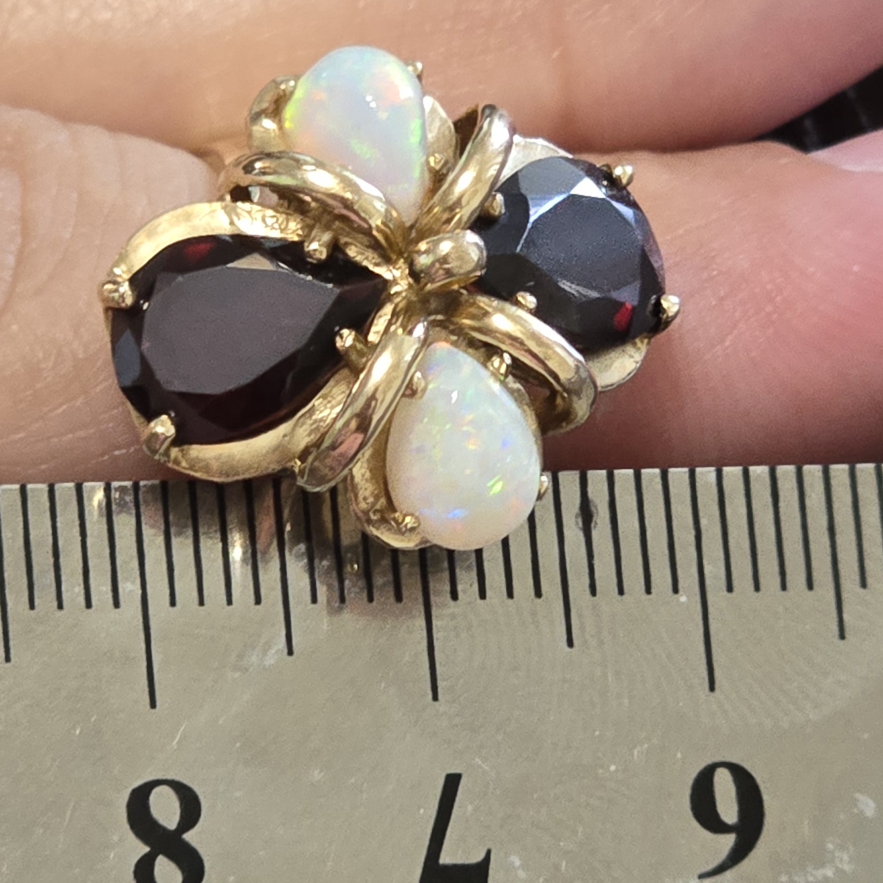 Magnificent Vintage 10K Yellow Gold Natural Australian Opal & Garnet Statement Ring, Size 6.25 Estate Flower Cocktail Ring, Fancy  opal ring thumbnail 16