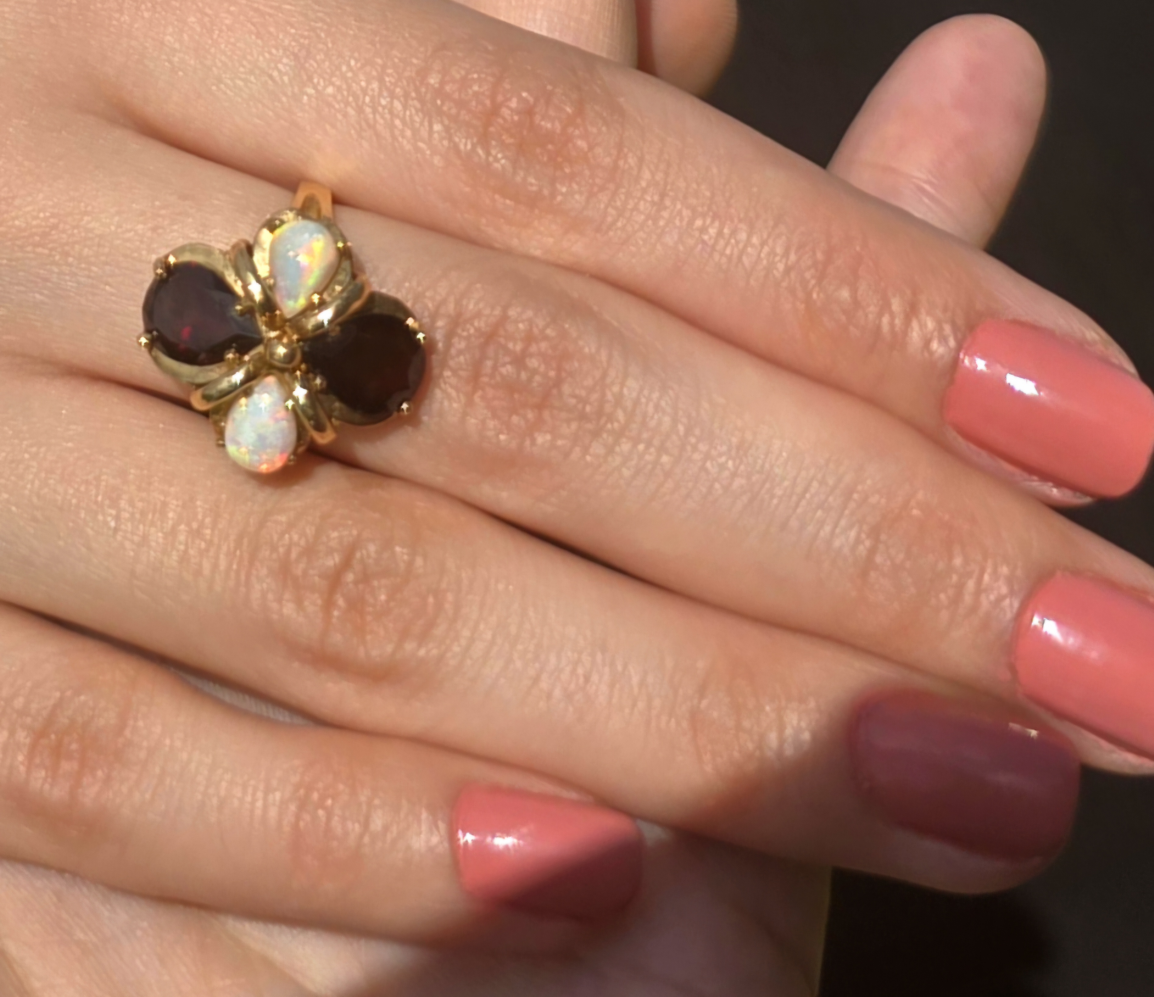 Magnificent Vintage 10K Yellow Gold Natural Australian Opal & Garnet Statement Ring, Size 6.25 Estate Flower Cocktail Ring, Fancy  opal ring thumbnail 6