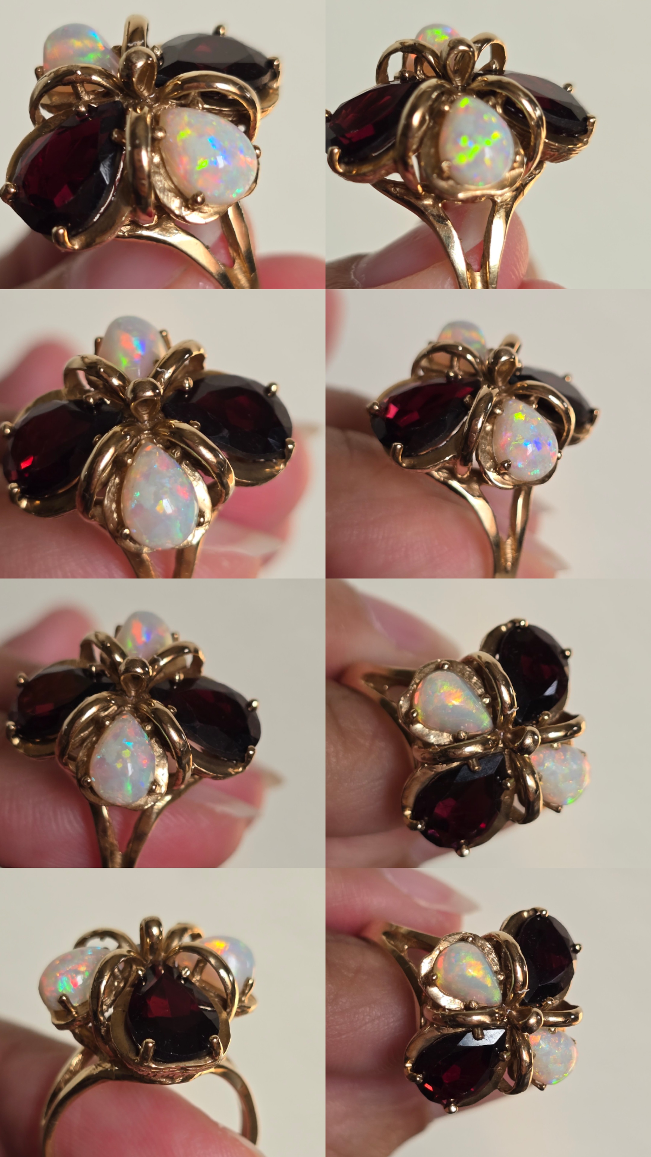 Magnificent Vintage 10K Yellow Gold Natural Australian Opal & Garnet Statement Ring, Size 6.25 Estate Flower Cocktail Ring, Fancy  opal ring thumbnail 4