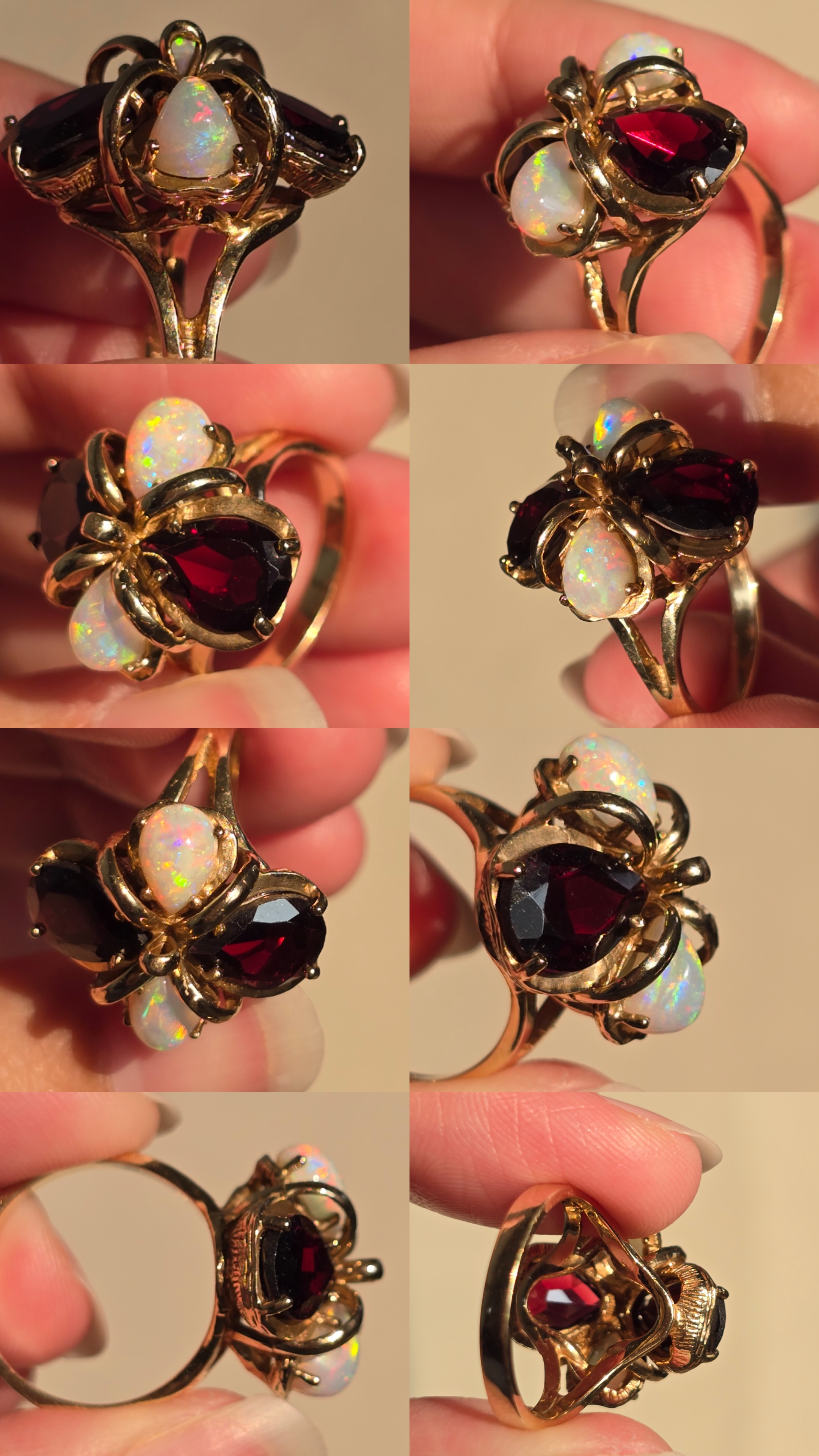Magnificent Vintage 10K Yellow Gold Natural Australian Opal & Garnet Statement Ring, Size 6.25 Estate Flower Cocktail Ring, Fancy  opal ring thumbnail 7