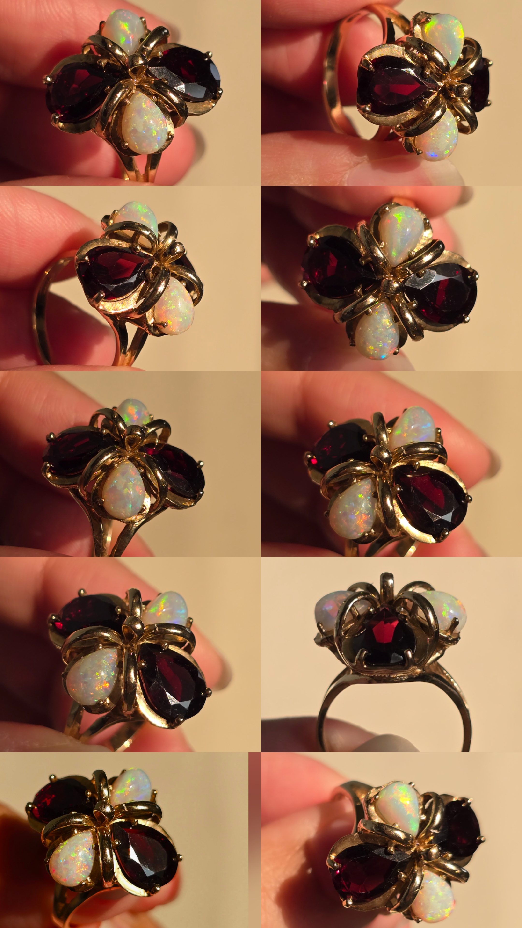 Magnificent Vintage 10K Yellow Gold Natural Australian Opal & Garnet Statement Ring, Size 6.25 Estate Flower Cocktail Ring, Fancy  opal ring thumbnail 9