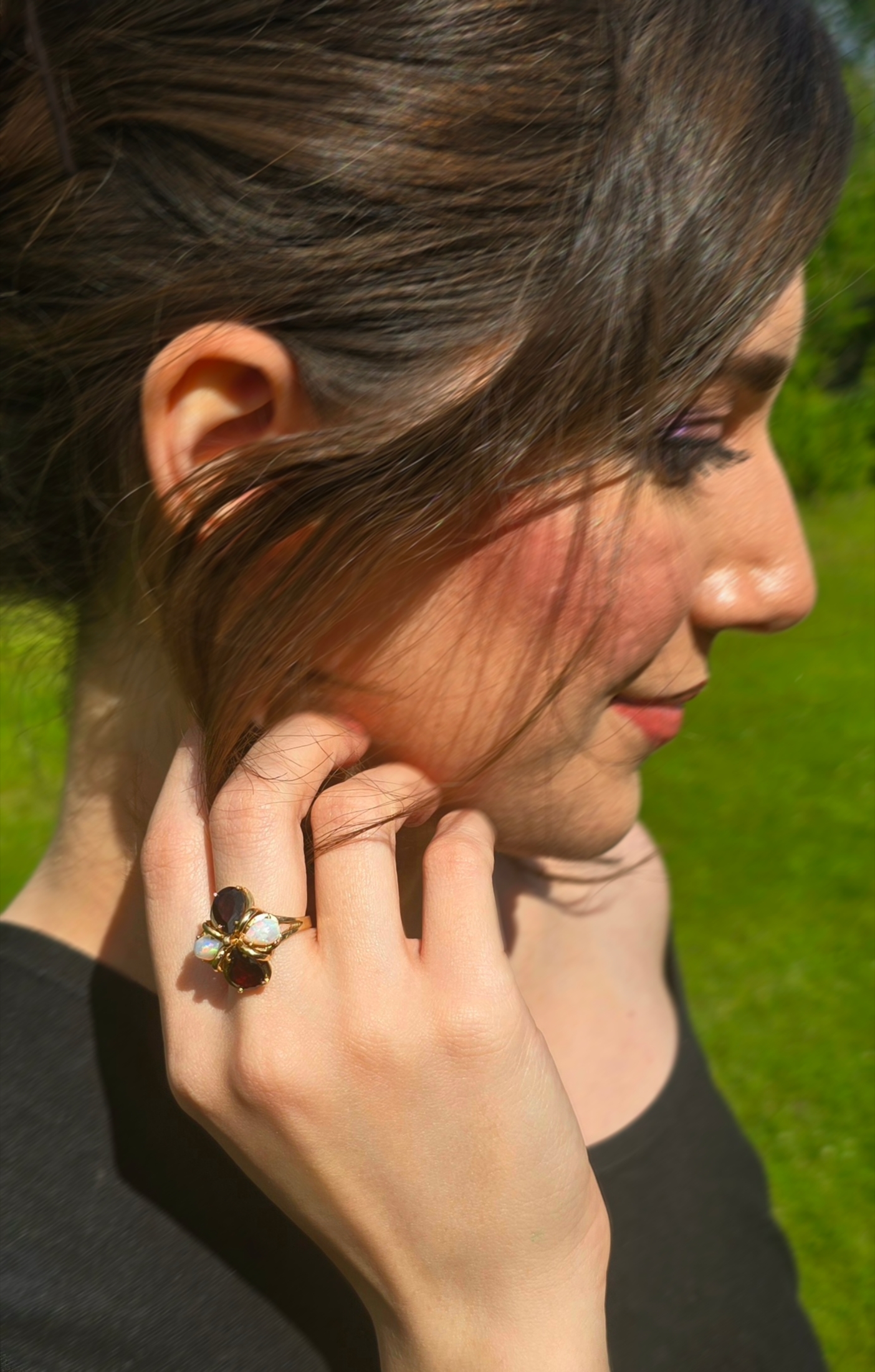 Magnificent Vintage 10K Yellow Gold Natural Australian Opal & Garnet Statement Ring, Size 6.25 Estate Flower Cocktail Ring, Fancy  opal ring thumbnail 5