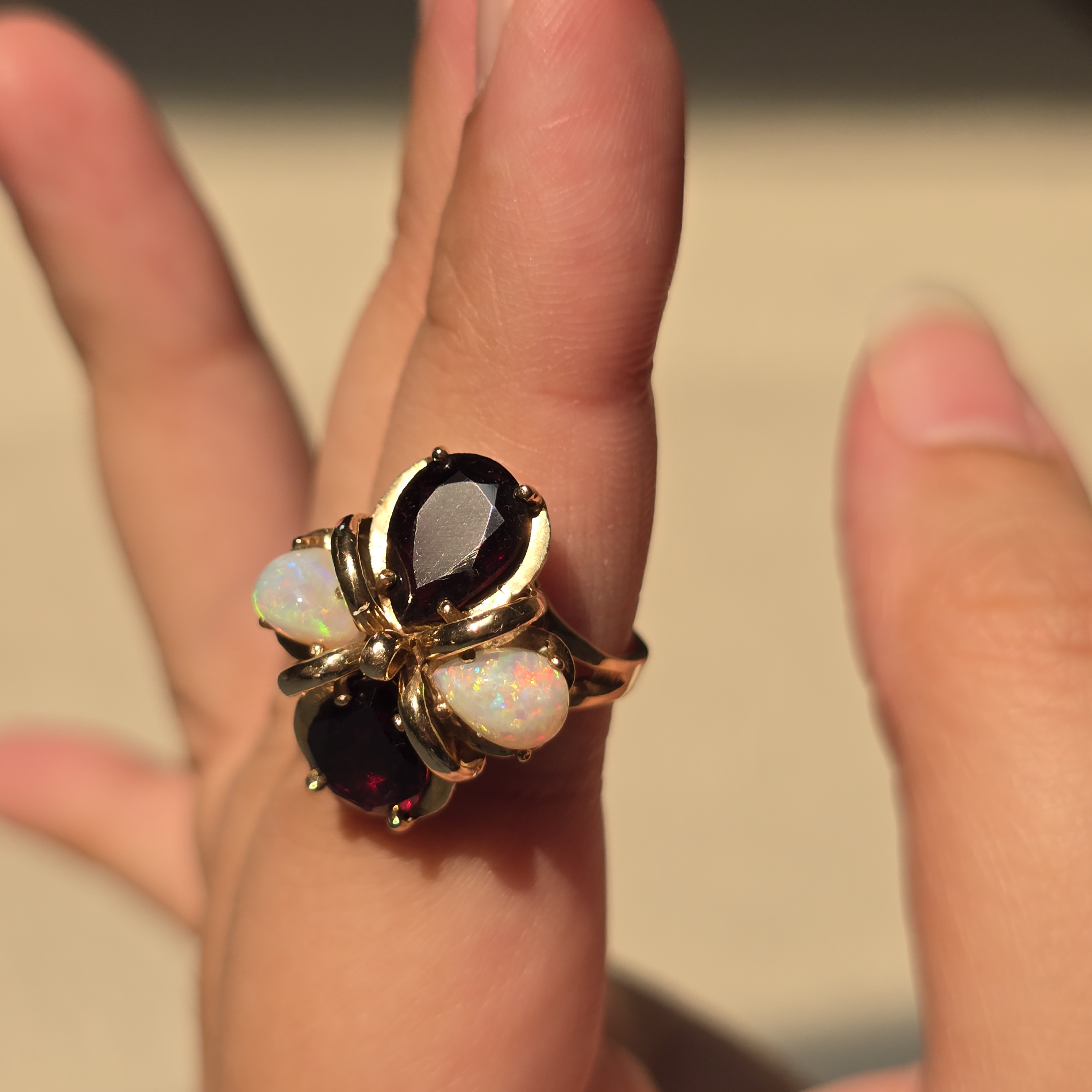 Magnificent Vintage 10K Yellow Gold Natural Australian Opal & Garnet Statement Ring, Size 6.25 Estate Flower Cocktail Ring, Fancy  opal ring thumbnail 10