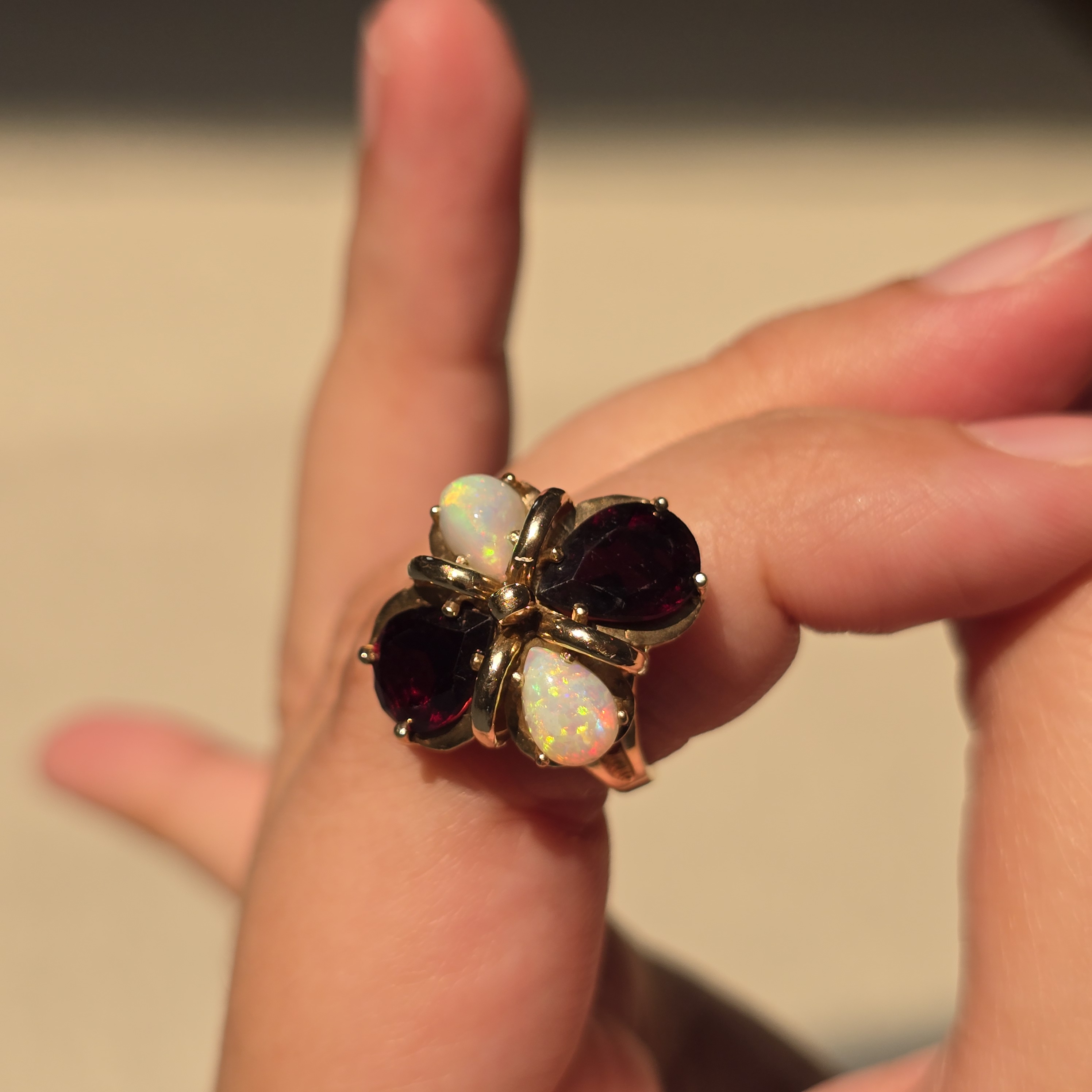 Magnificent Vintage 10K Yellow Gold Natural Australian Opal & Garnet Statement Ring, Size 6.25 Estate Flower Cocktail Ring, Fancy  opal ring thumbnail 11