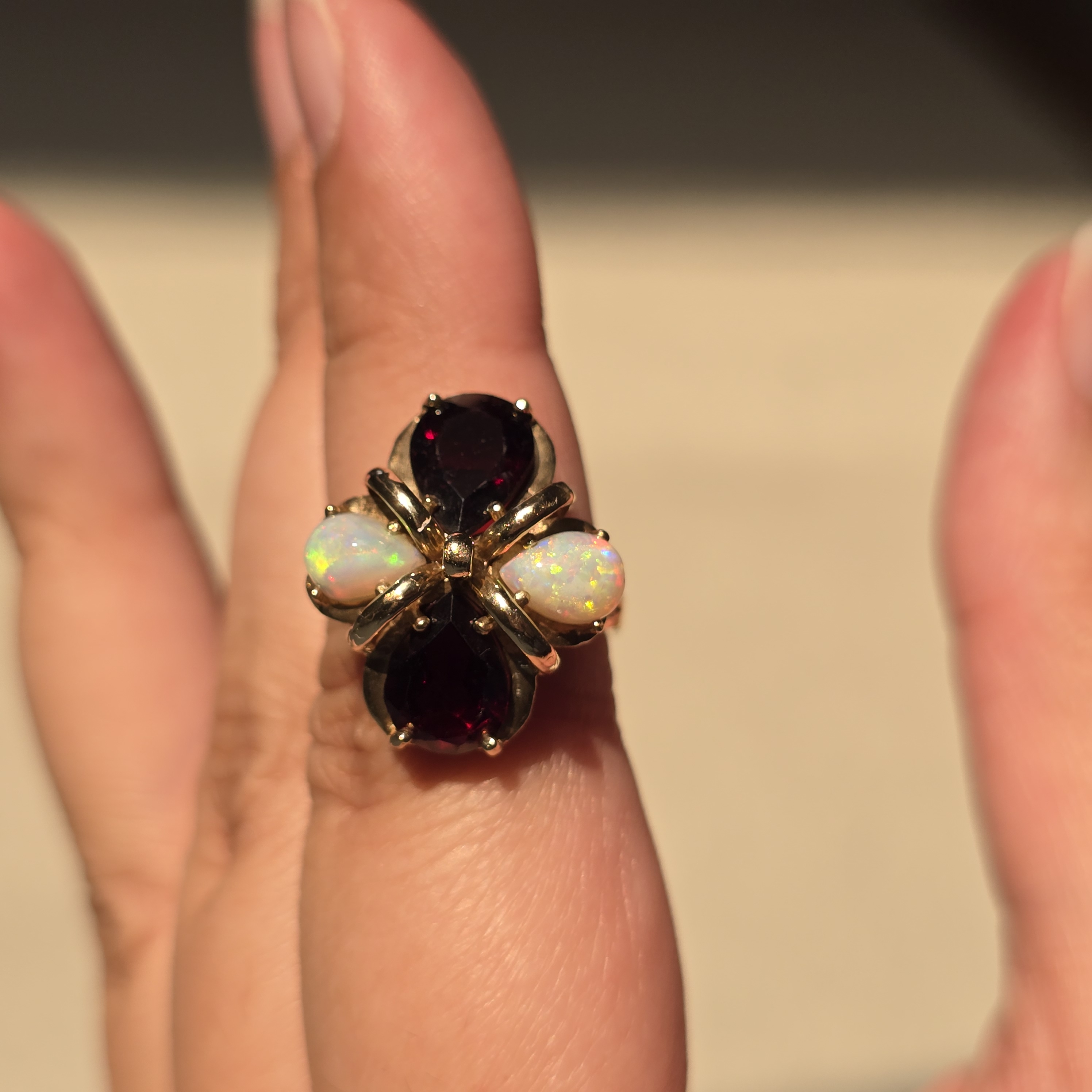 Magnificent Vintage 10K Yellow Gold Natural Australian Opal & Garnet Statement Ring, Size 6.25 Estate Flower Cocktail Ring, Fancy  opal ring thumbnail 8