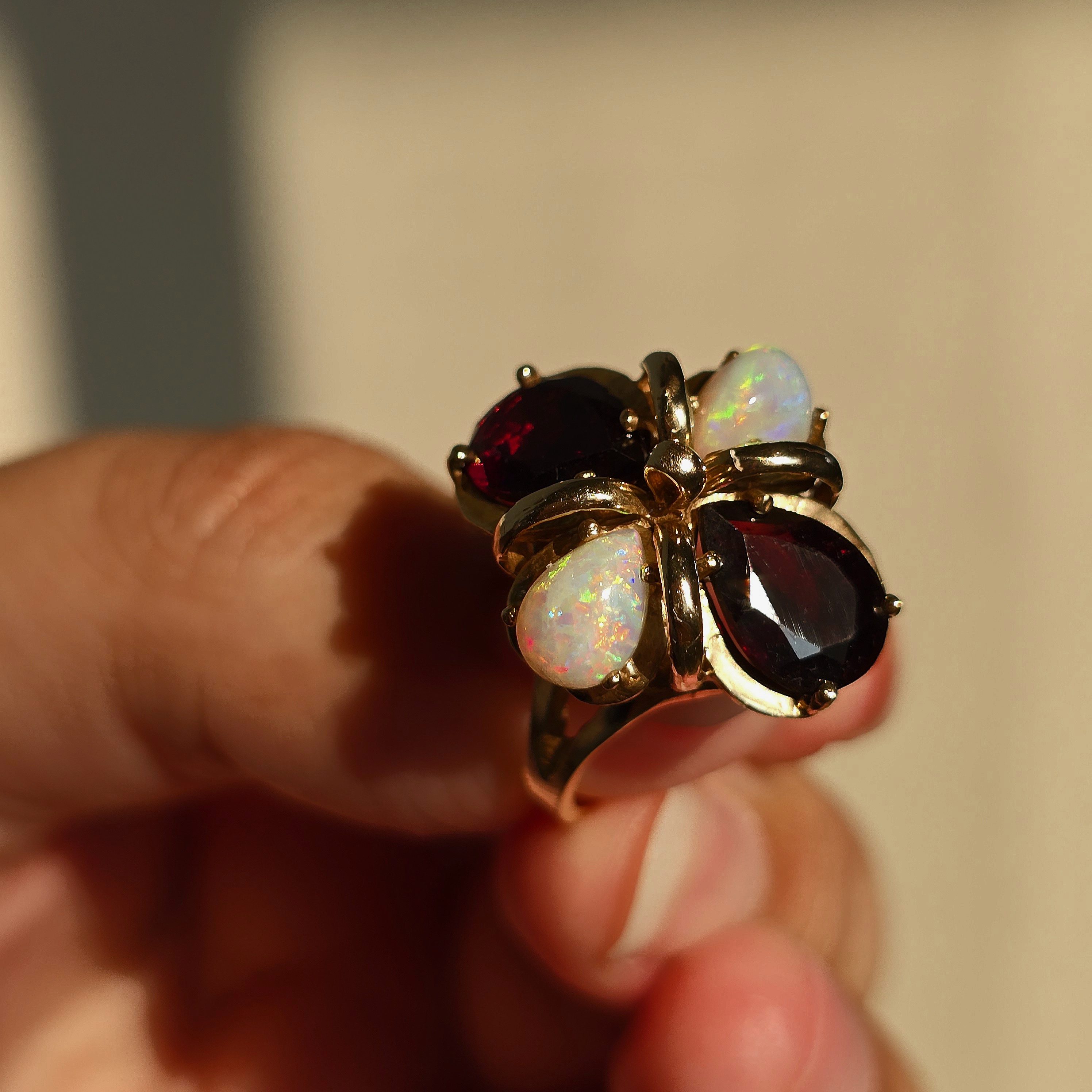 Magnificent Vintage 10K Yellow Gold Natural Australian Opal & Garnet Statement Ring, Size 6.25 Estate Flower Cocktail Ring, Fancy  opal ring thumbnail 13