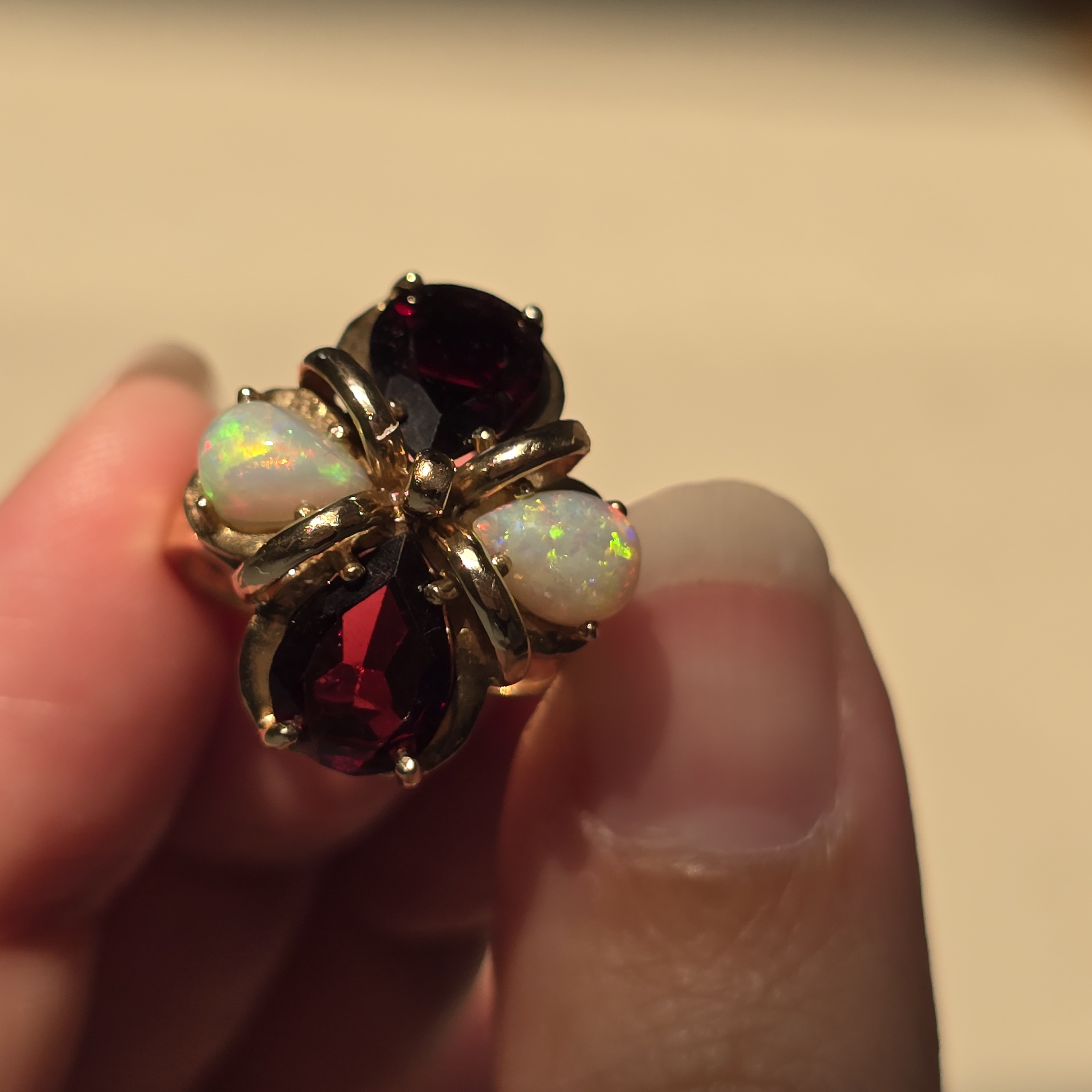 Magnificent Vintage 10K Yellow Gold Natural Australian Opal & Garnet Statement Ring, Size 6.25 Estate Flower Cocktail Ring, Fancy  opal ring thumbnail 17