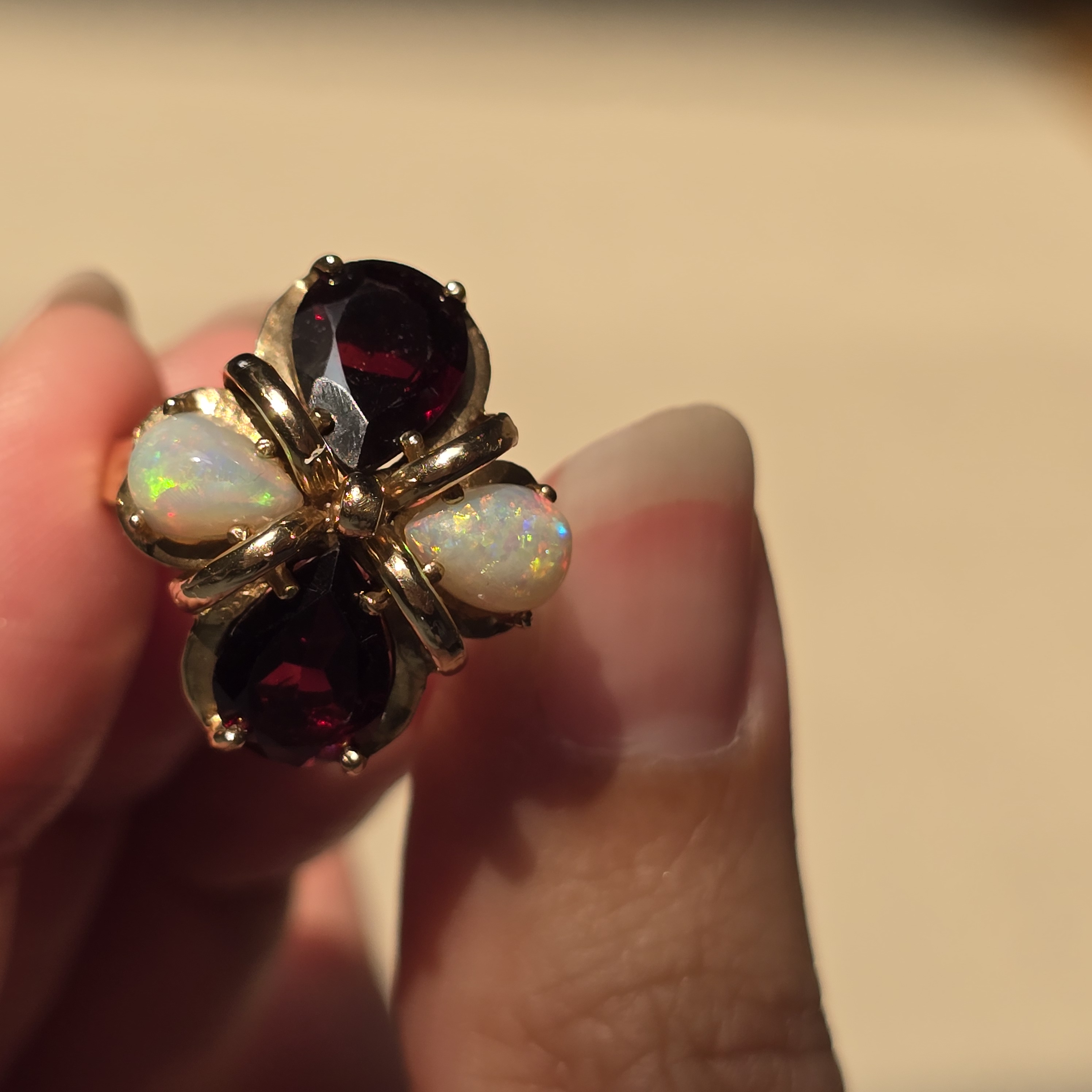 Magnificent Vintage 10K Yellow Gold Natural Australian Opal & Garnet Statement Ring, Size 6.25 Estate Flower Cocktail Ring, Fancy  opal ring thumbnail 14