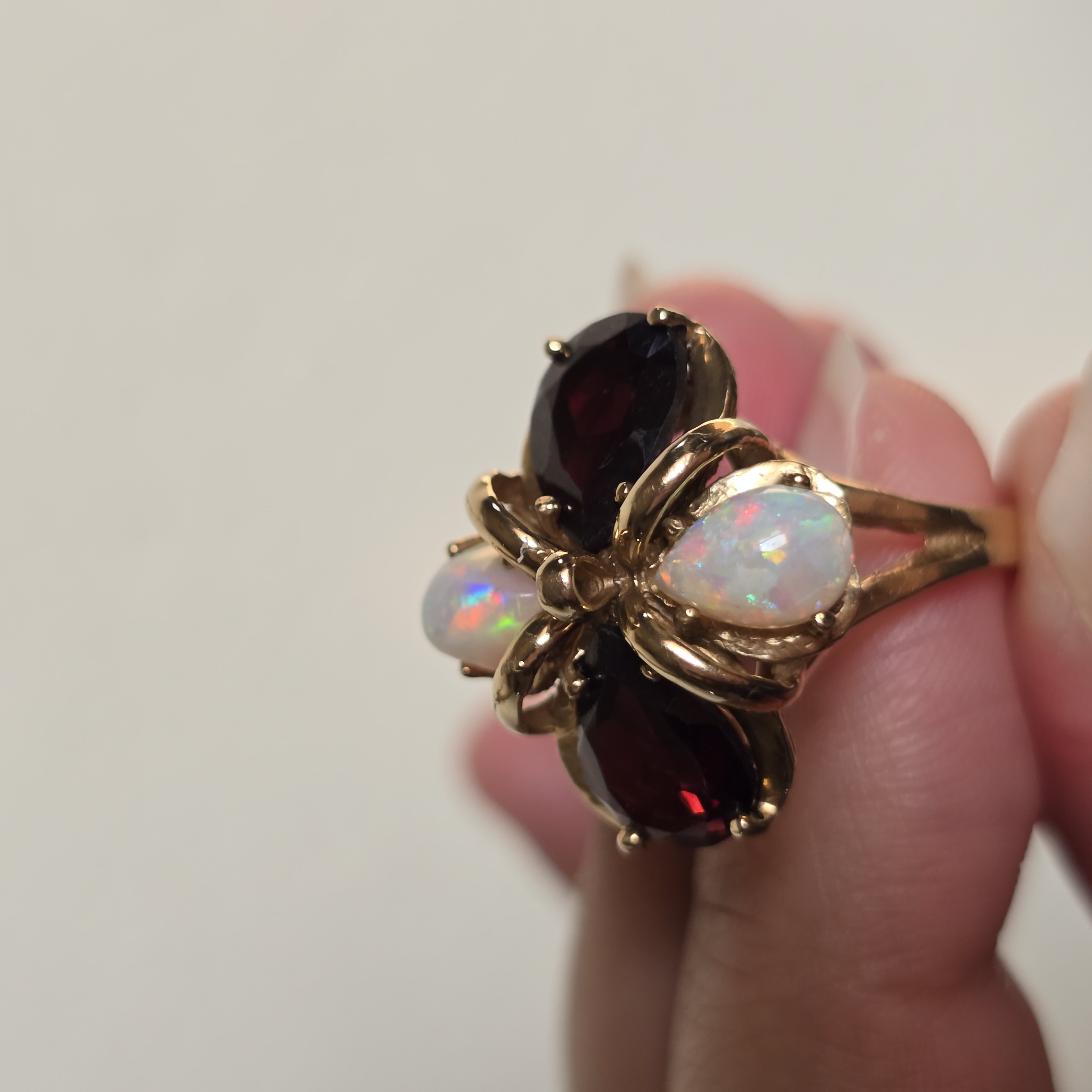 Magnificent Vintage 10K Yellow Gold Natural Australian Opal & Garnet Statement Ring, Size 6.25 Estate Flower Cocktail Ring, Fancy  opal ring thumbnail 15