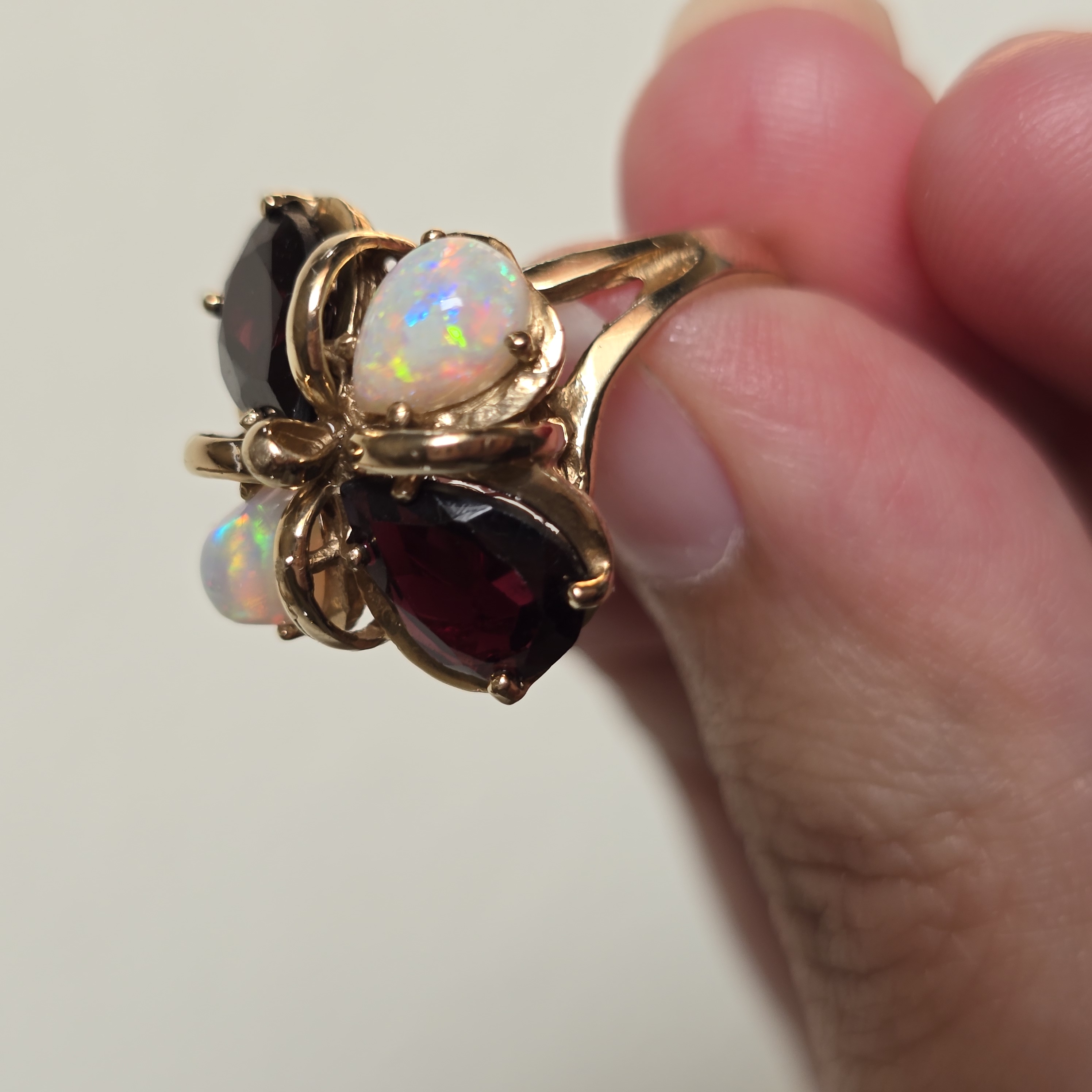 Magnificent Vintage 10K Yellow Gold Natural Australian Opal & Garnet Statement Ring, Size 6.25 Estate Flower Cocktail Ring, Fancy  opal ring thumbnail 12